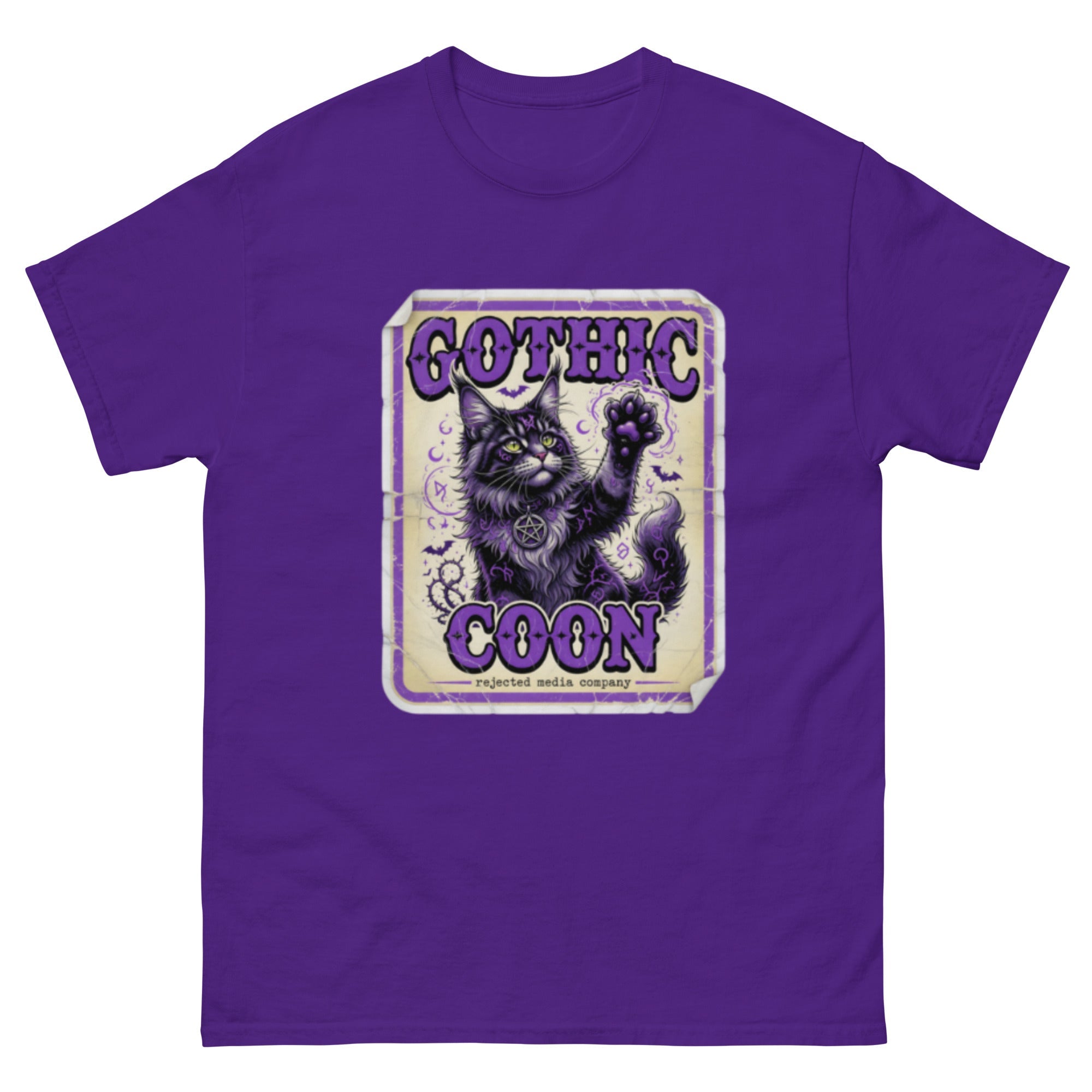 Gothic Coon tee — purple and black Maine Coon cat with a pentacle collar and one paw raised, vintage poster frame