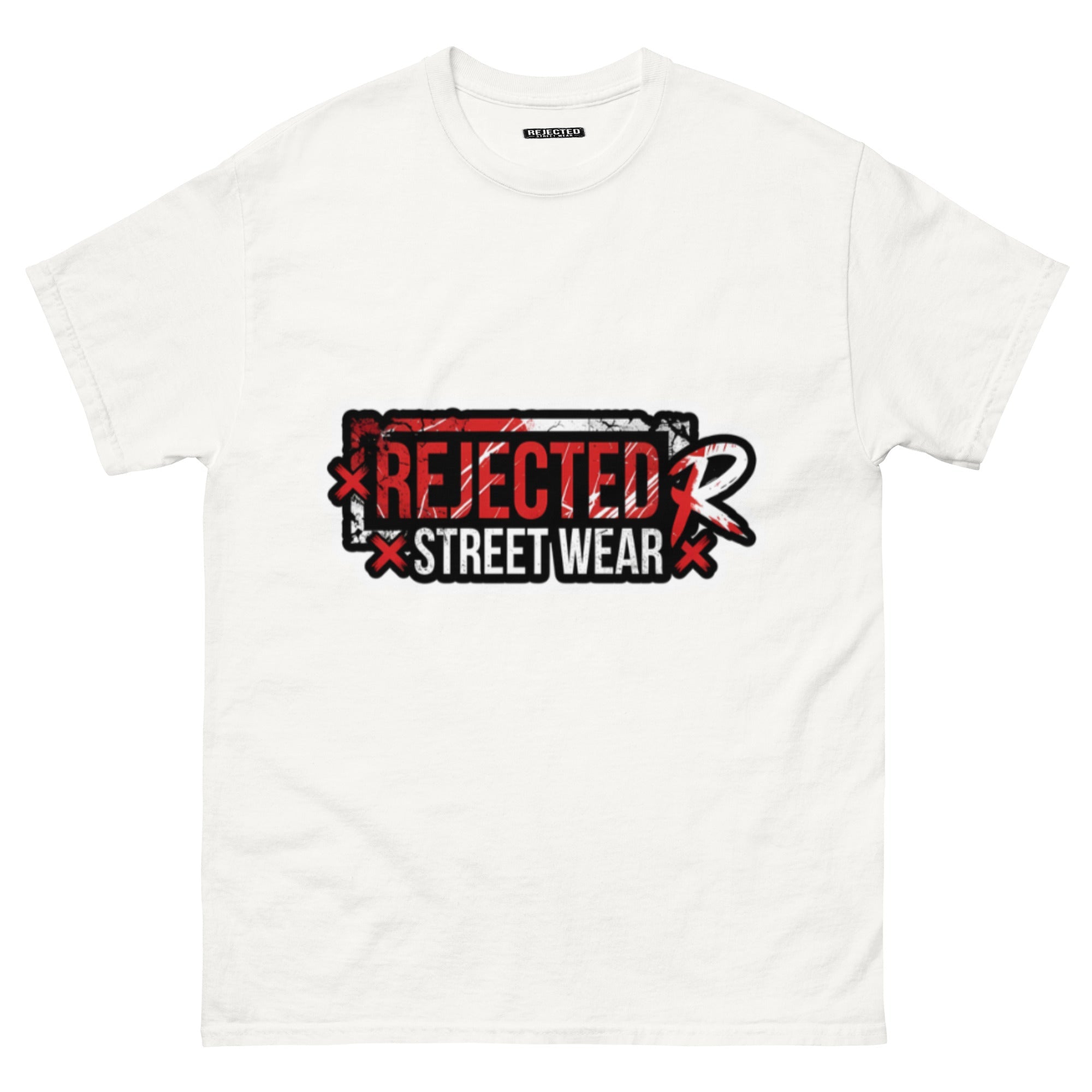 Rejected Street Wear red box logo tee — red-framed REJECTED STREET WEAR stamp with corner x marks and a red slash