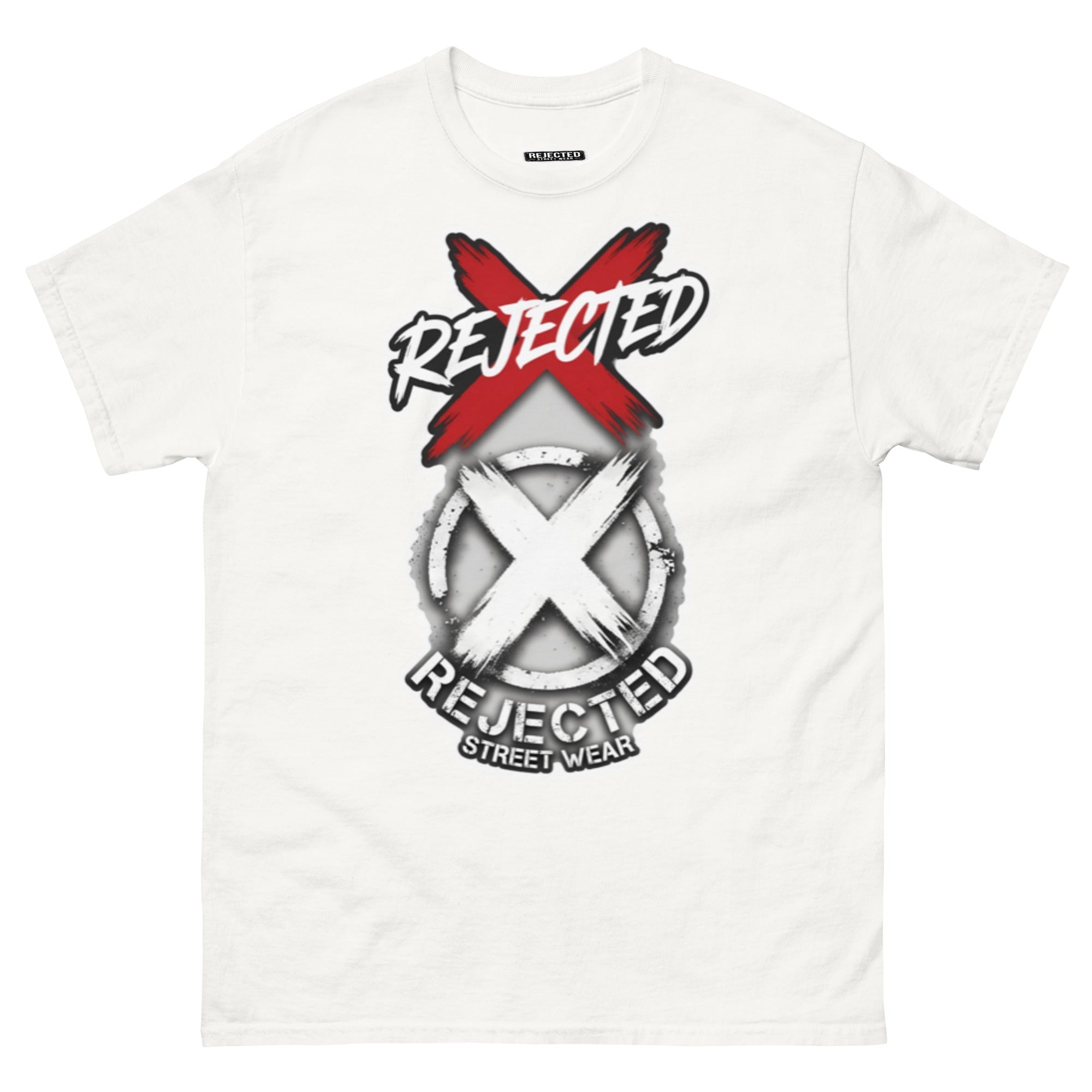 Reject Labels Be Human tee — REJECTED crossed out in red above the X emblem with the word Human underneath