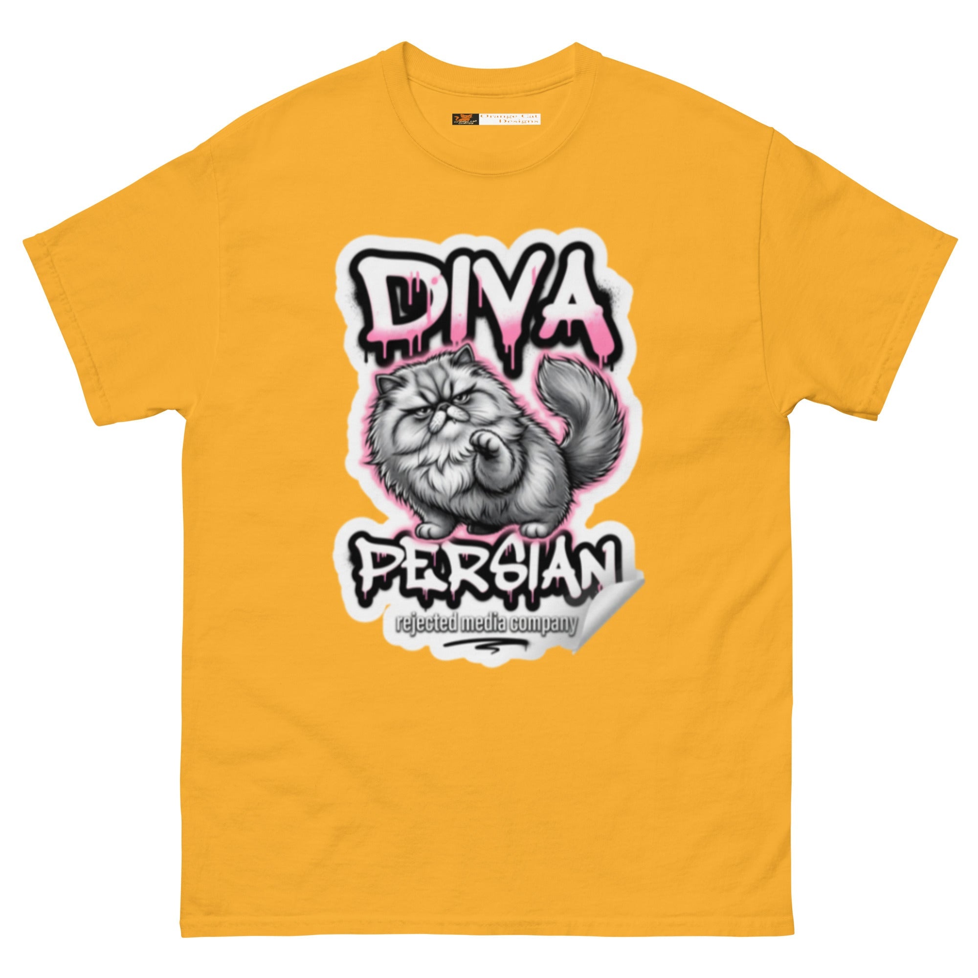 Diva Persian cat tee — fluffed-out Persian cat with an unimpressed face under pink graffiti drip lettering