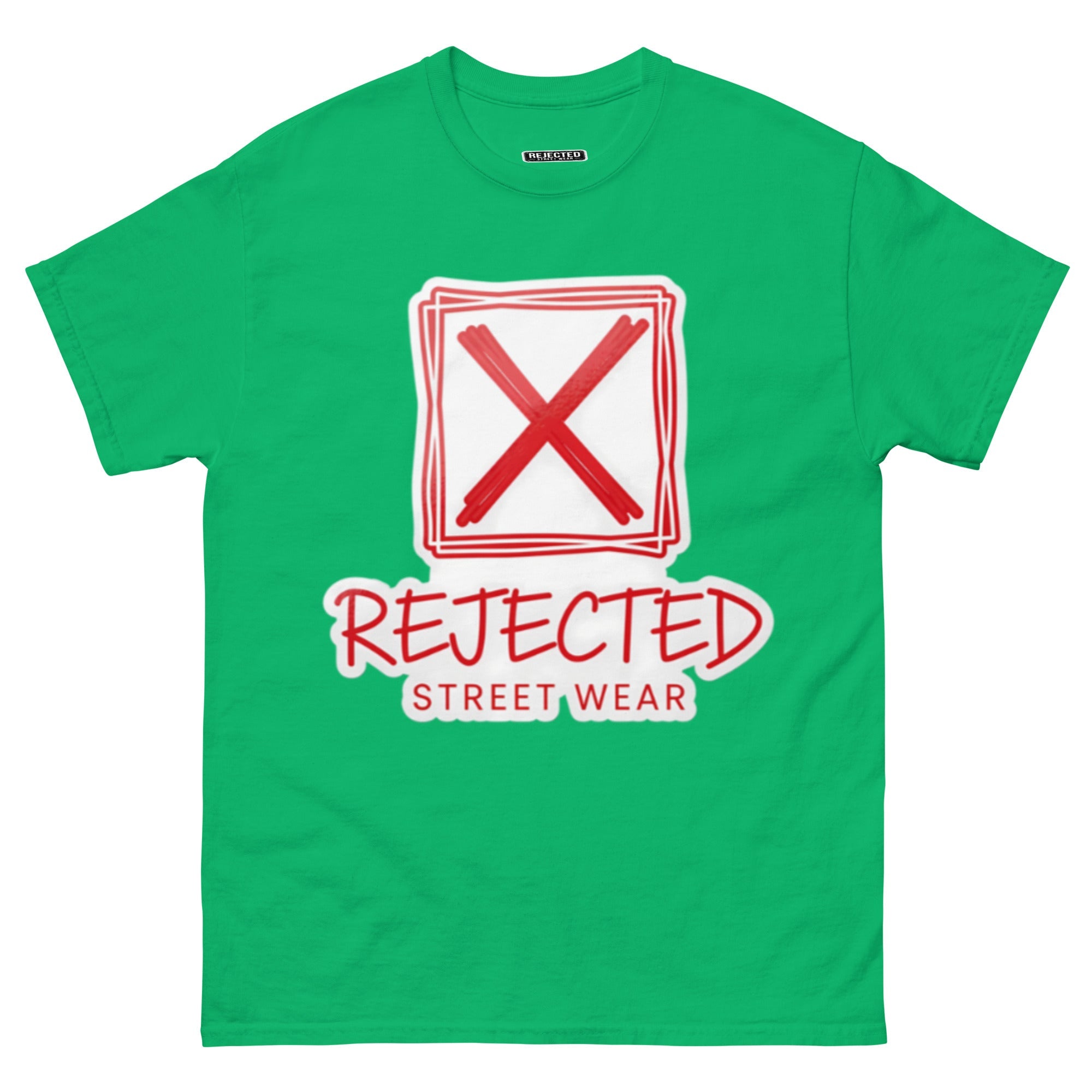 Rejected Street Wear box logo tee — hand-drawn red frame with a brushed X and REJECTED STREET WEAR in red beneath