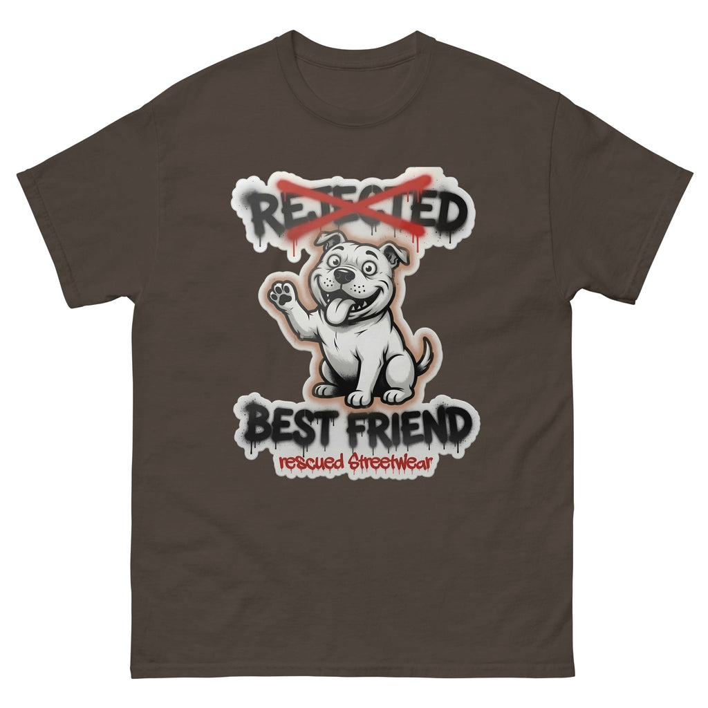 Best Friend pit bull tee — white bully pup waving a paw with REJECTED crossed out in red and BEST FRIEND sprayed below