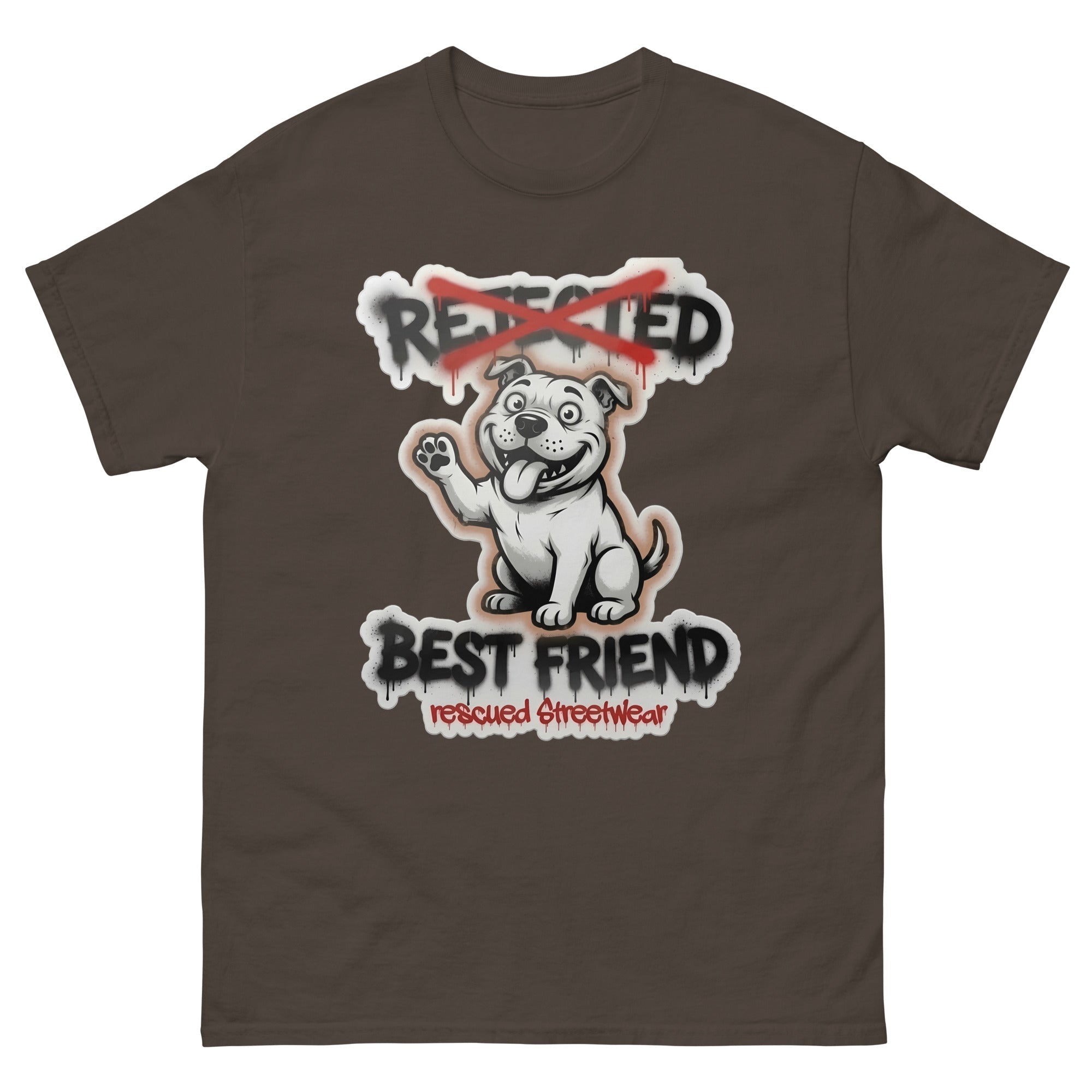 Best Friend pit bull tee — white bully pup waving a paw with REJECTED crossed out in red and BEST FRIEND sprayed below