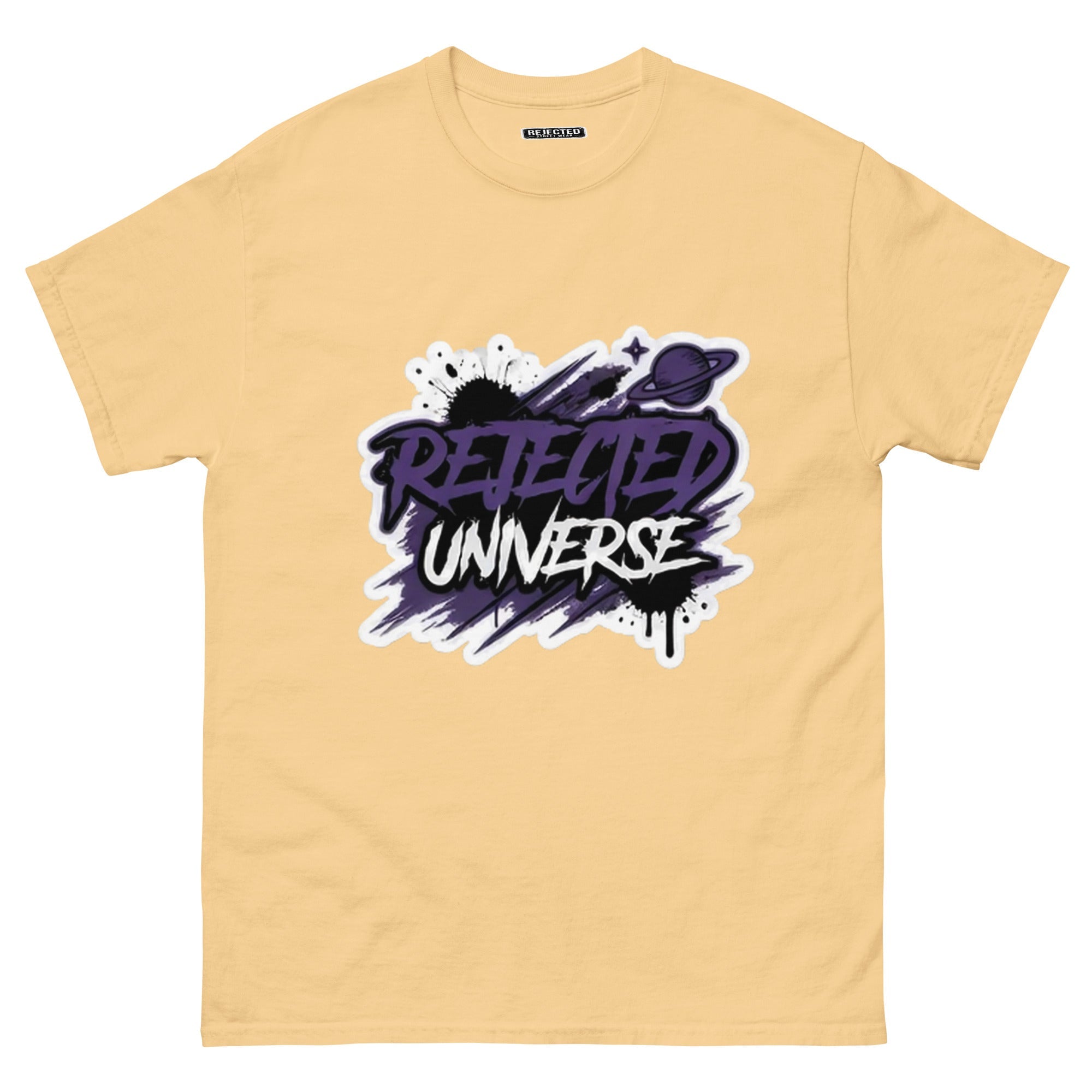Rejected Universe logo tee in purple — leaning graffiti tag with an orbiting planet and spray splatter