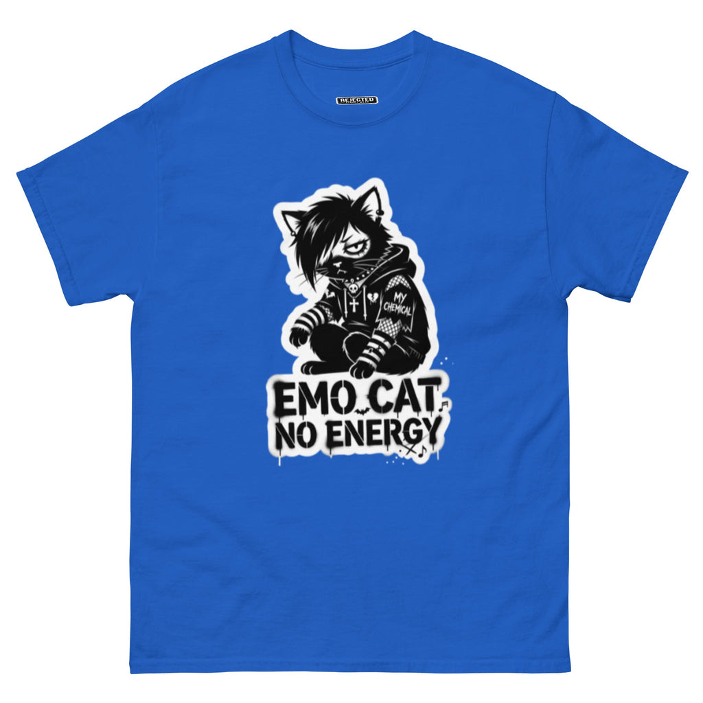 Emo Cat No Energy tee — grey cat with side-swept bangs and a patched hoodie under spray-paint lettering