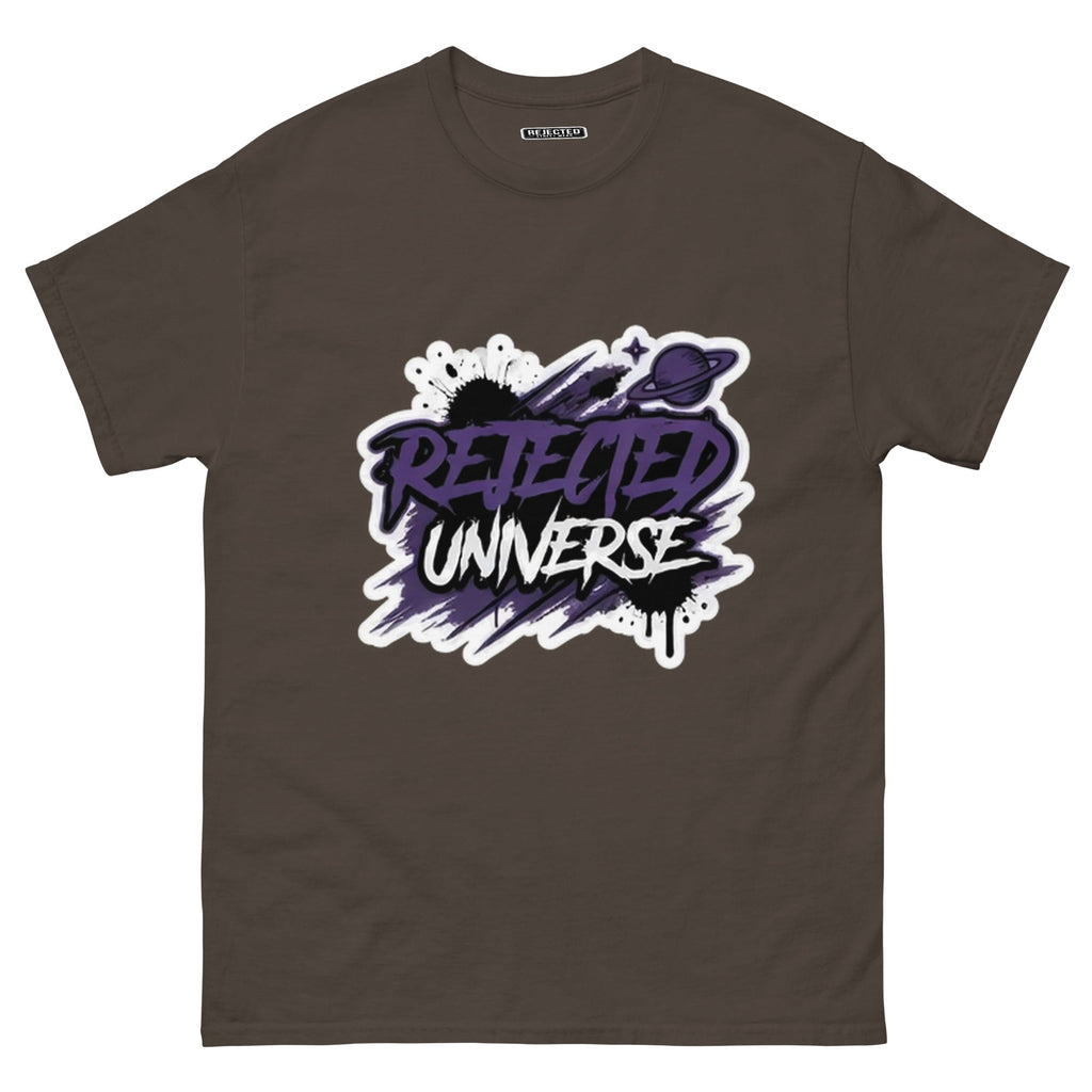 Rejected Universe logo tee in purple — leaning graffiti tag with an orbiting planet and spray splatter