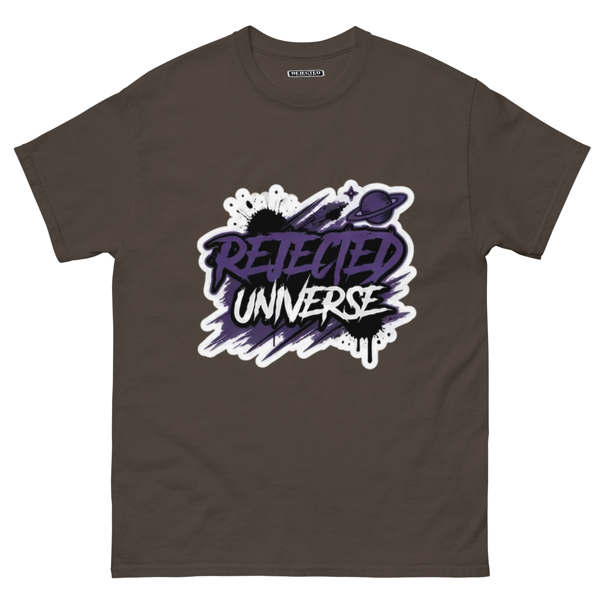 Rejected Universe logo tee in purple — leaning graffiti tag with an orbiting planet and spray splatter
