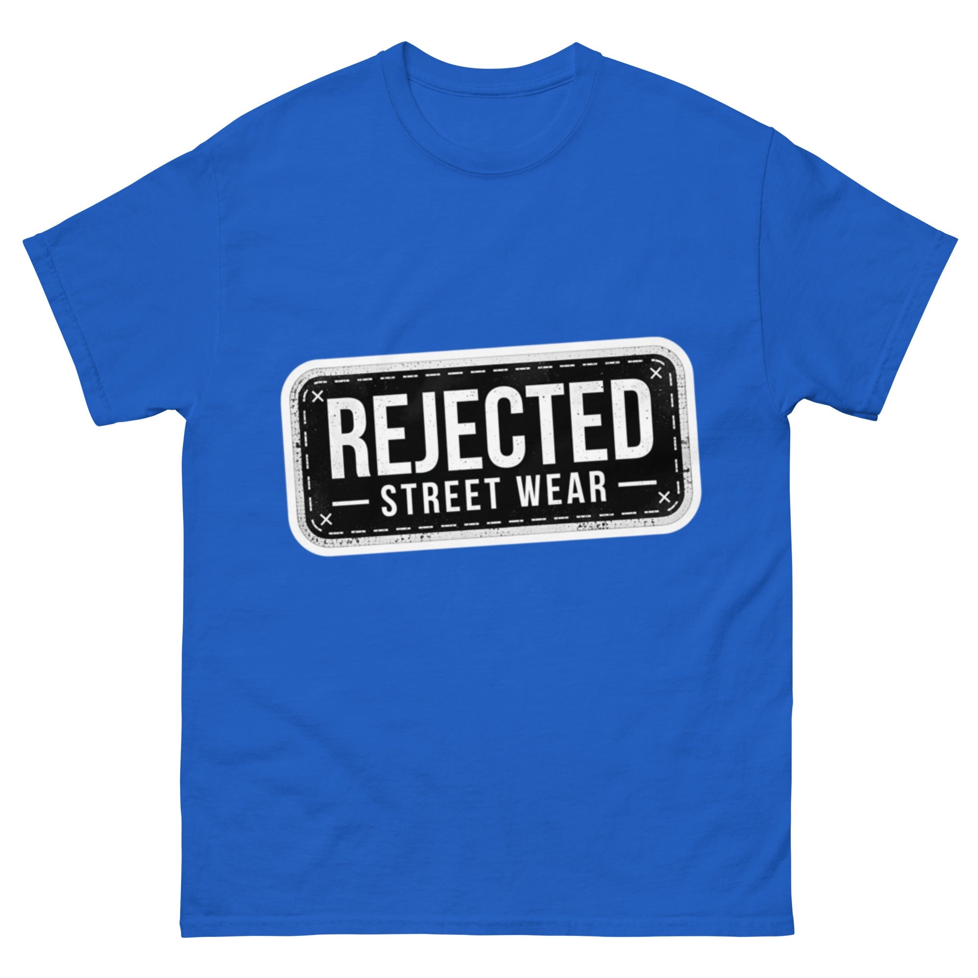 Rejected Street Wear plate logo tee — stamped black plate with a dashed border, corner x marks and REJECTED STREET WEAR inside
