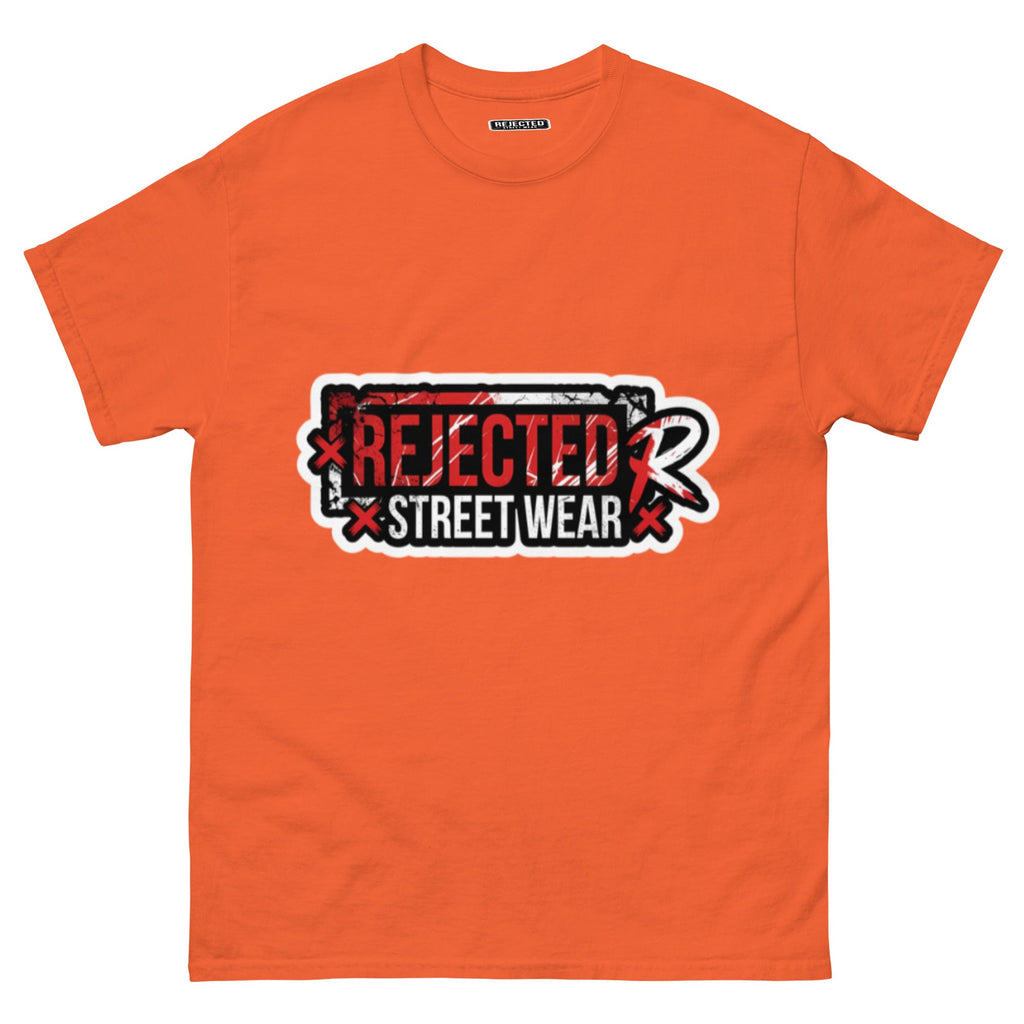 Rejected Street Wear red box logo tee — red-framed REJECTED STREET WEAR stamp with corner x marks and a red slash