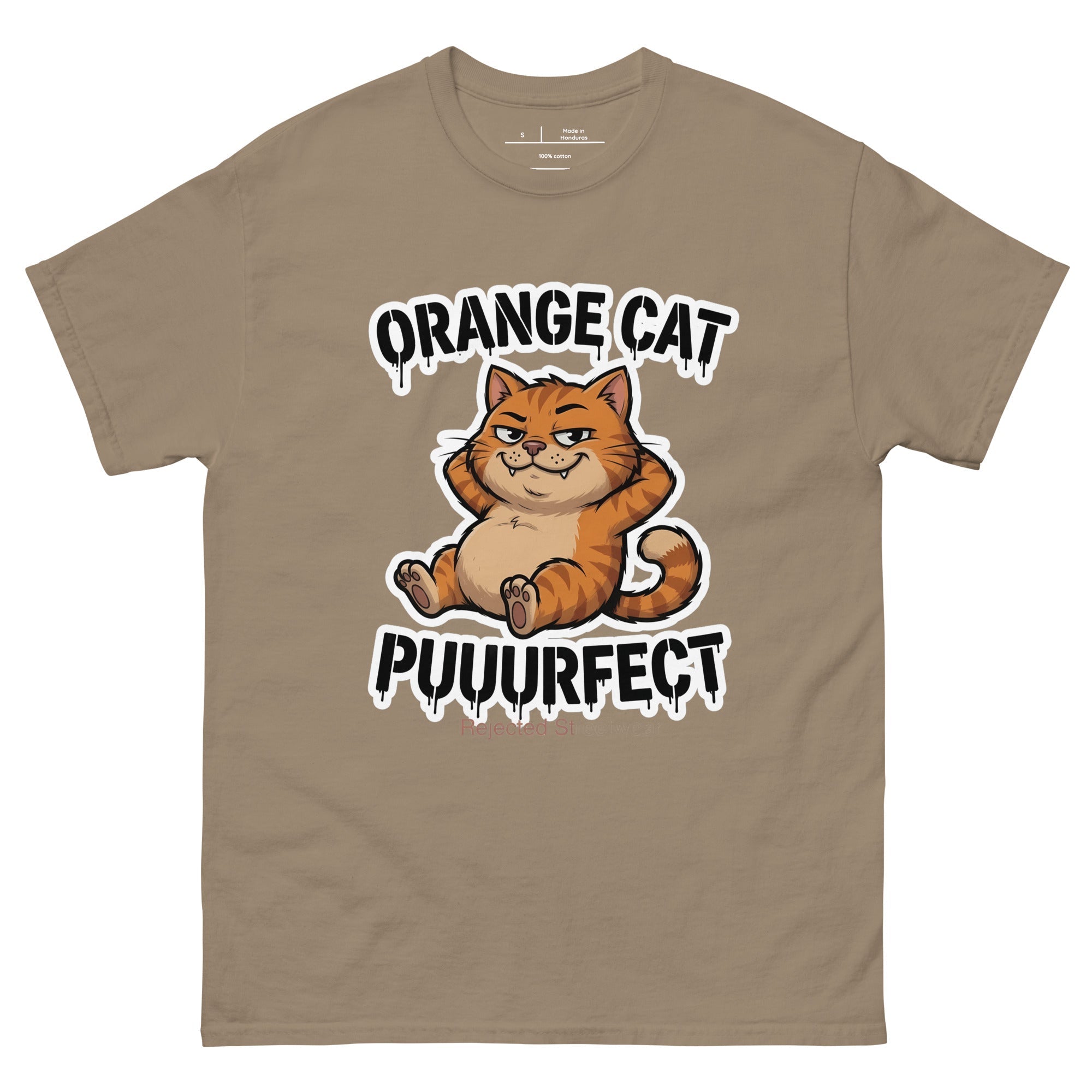 Orange Cat Puuurfect tee — chunky reclined orange tabby under arched drippy graffiti lettering