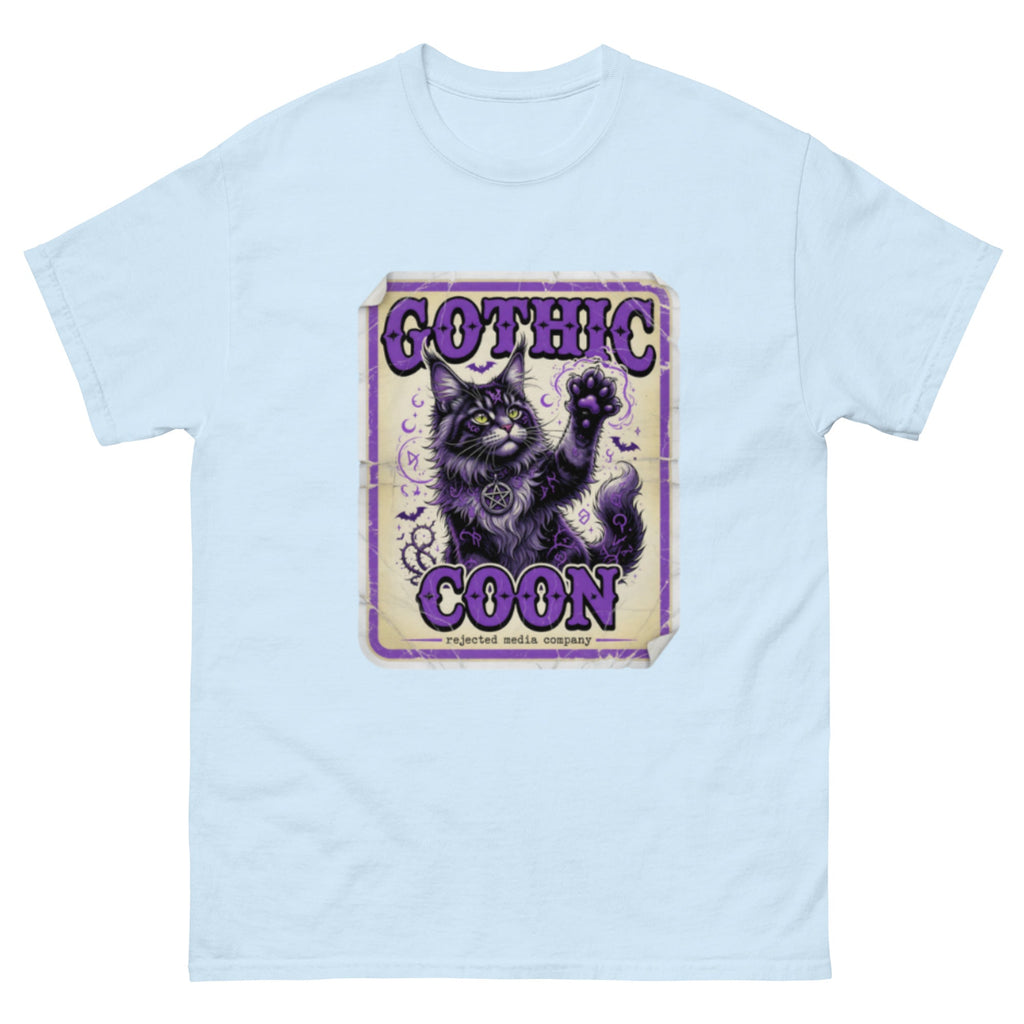 Gothic Coon tee — purple and black Maine Coon cat with a pentacle collar and one paw raised, vintage poster frame