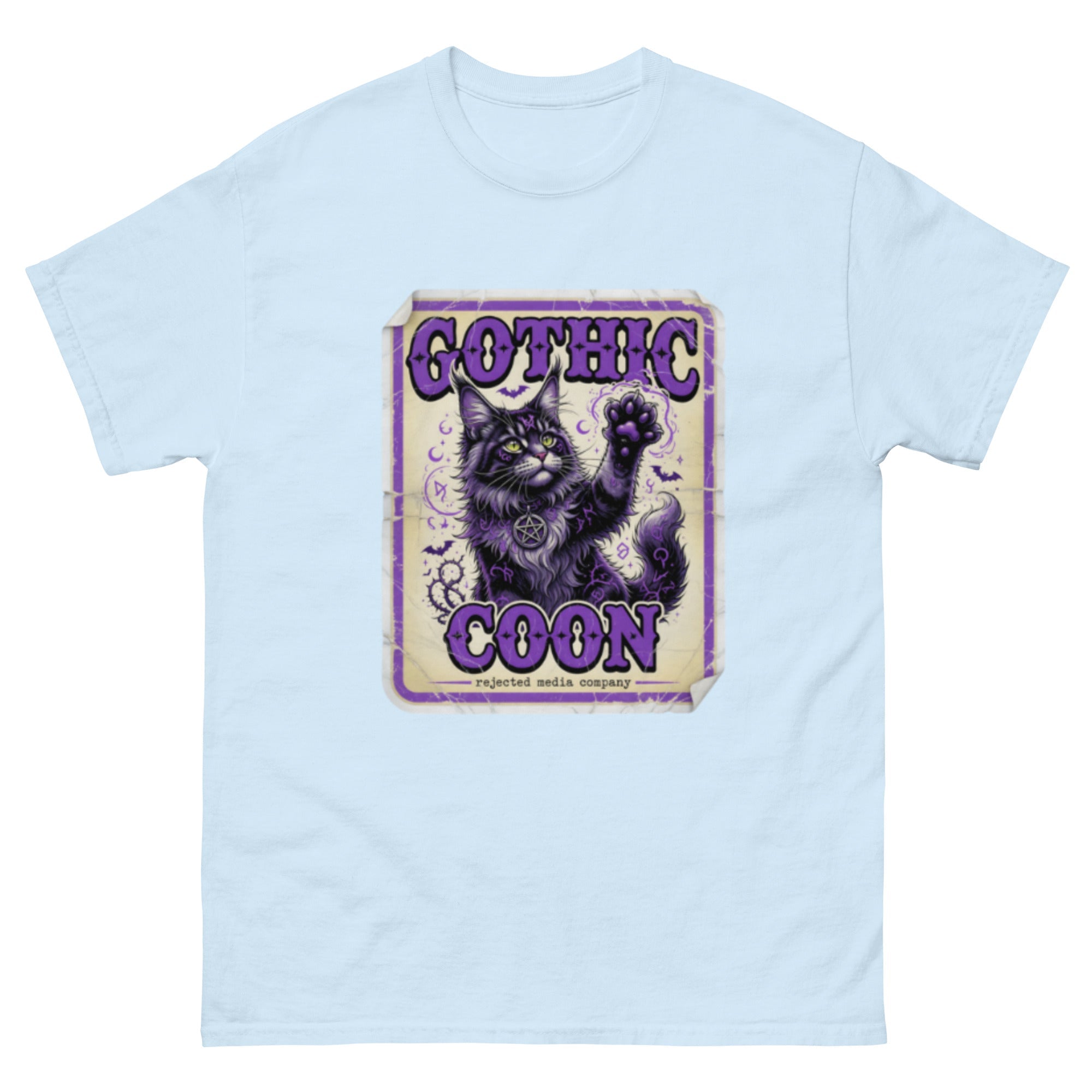 Gothic Coon tee — purple and black Maine Coon cat with a pentacle collar and one paw raised, vintage poster frame