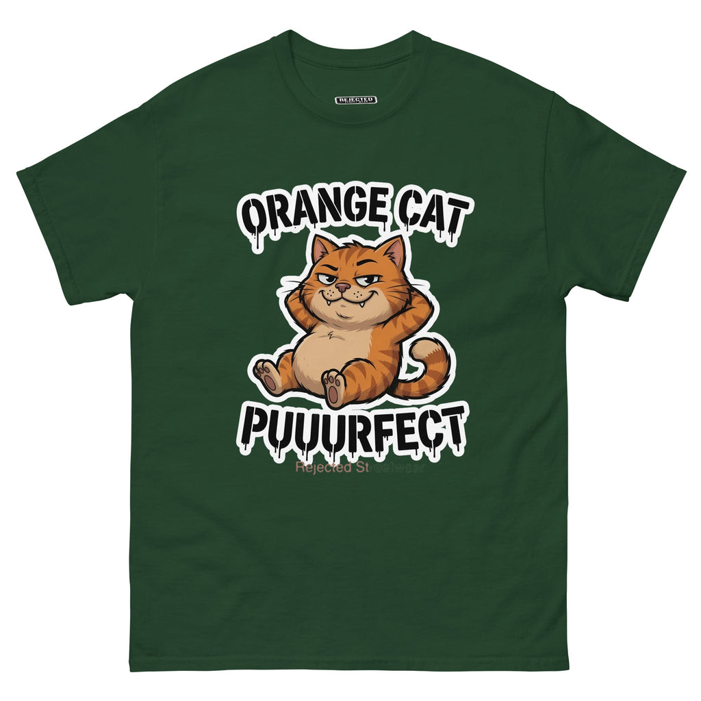 Orange Cat Puuurfect tee — chunky reclined orange tabby under arched drippy graffiti lettering