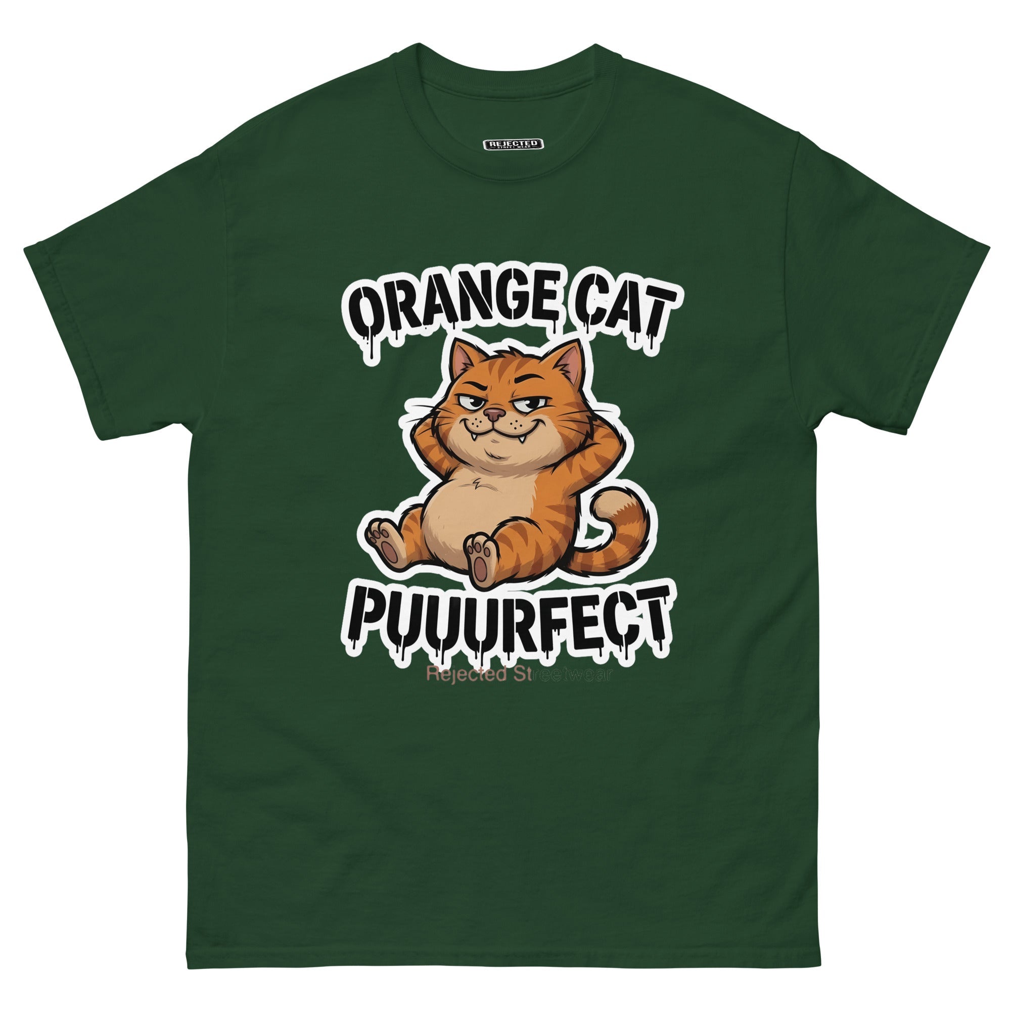 Orange Cat Puuurfect tee — chunky reclined orange tabby under arched drippy graffiti lettering
