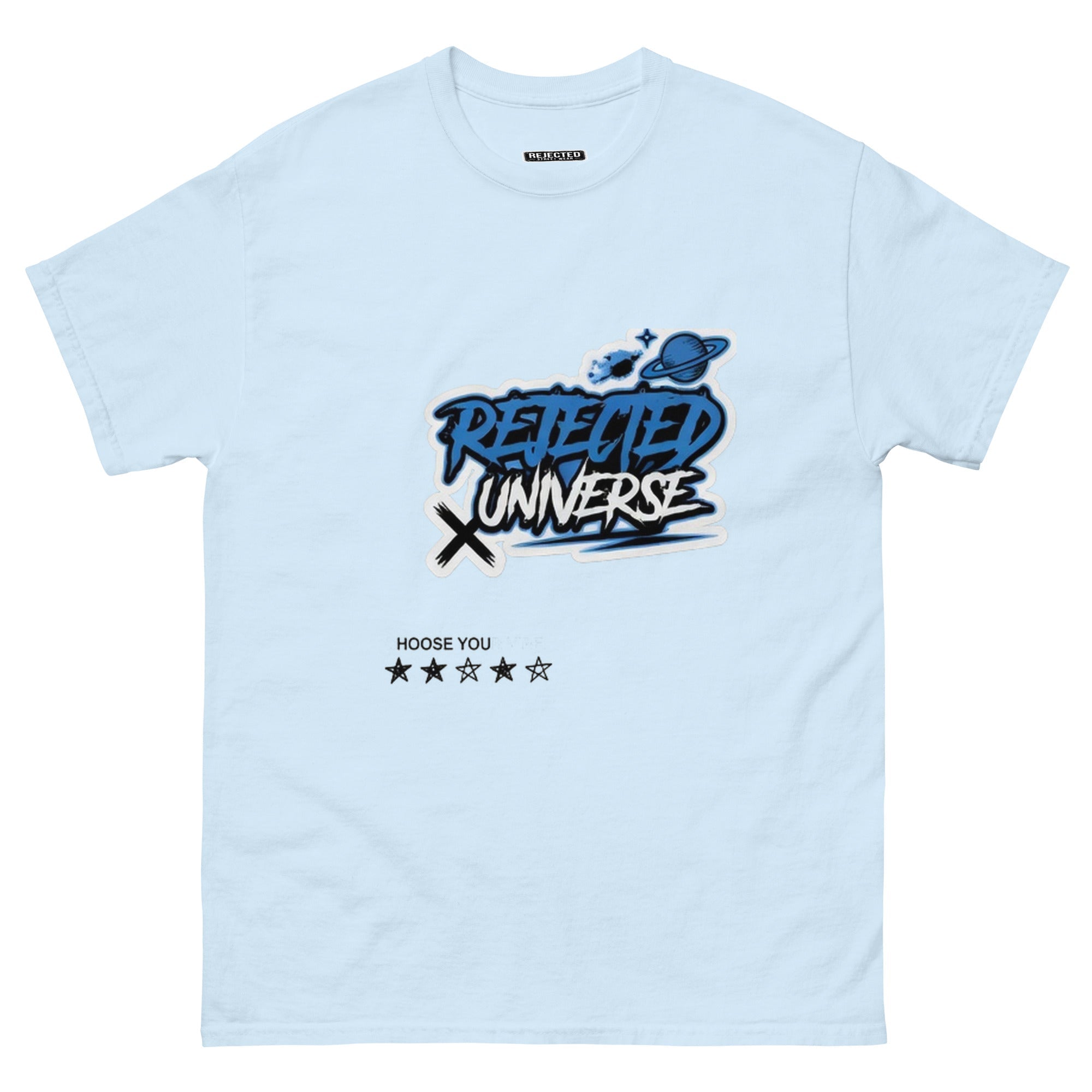 Rejected Universe logo tee in blue — graffiti tag with a planet and trailing stars