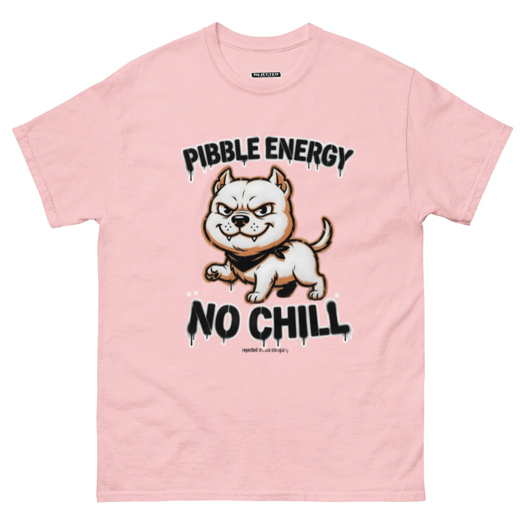 Pibble Energy No Chill tee — grinning bully pup at a dead sprint under graffiti lettering