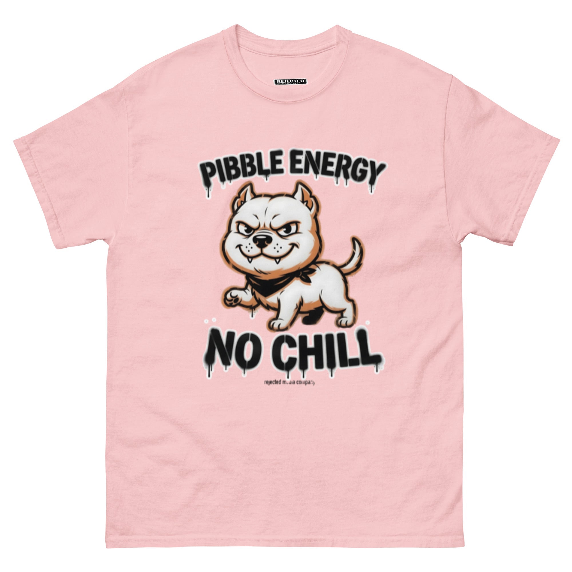 Pibble Energy No Chill tee — grinning bully pup at a dead sprint under graffiti lettering