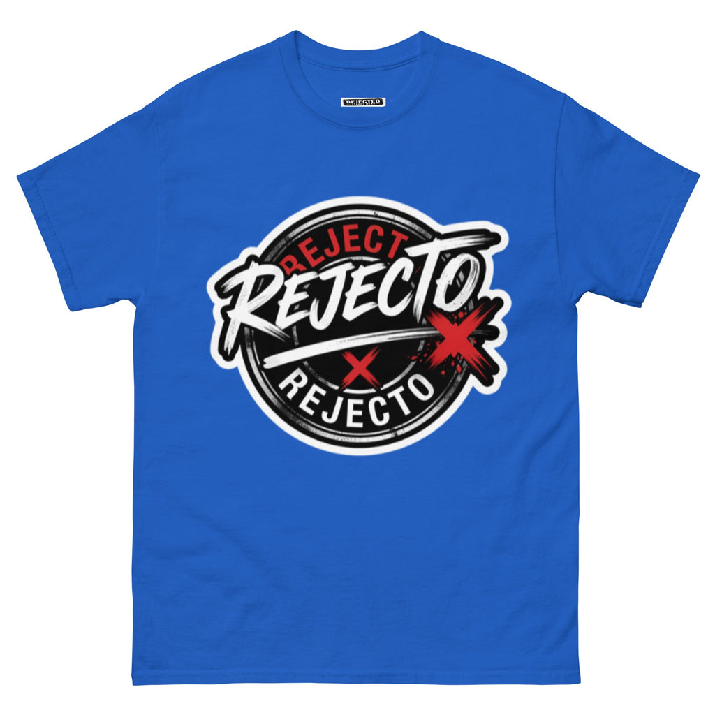 Rejected Street Wear emblem tee — black circle badge with white brush script and a red X slash