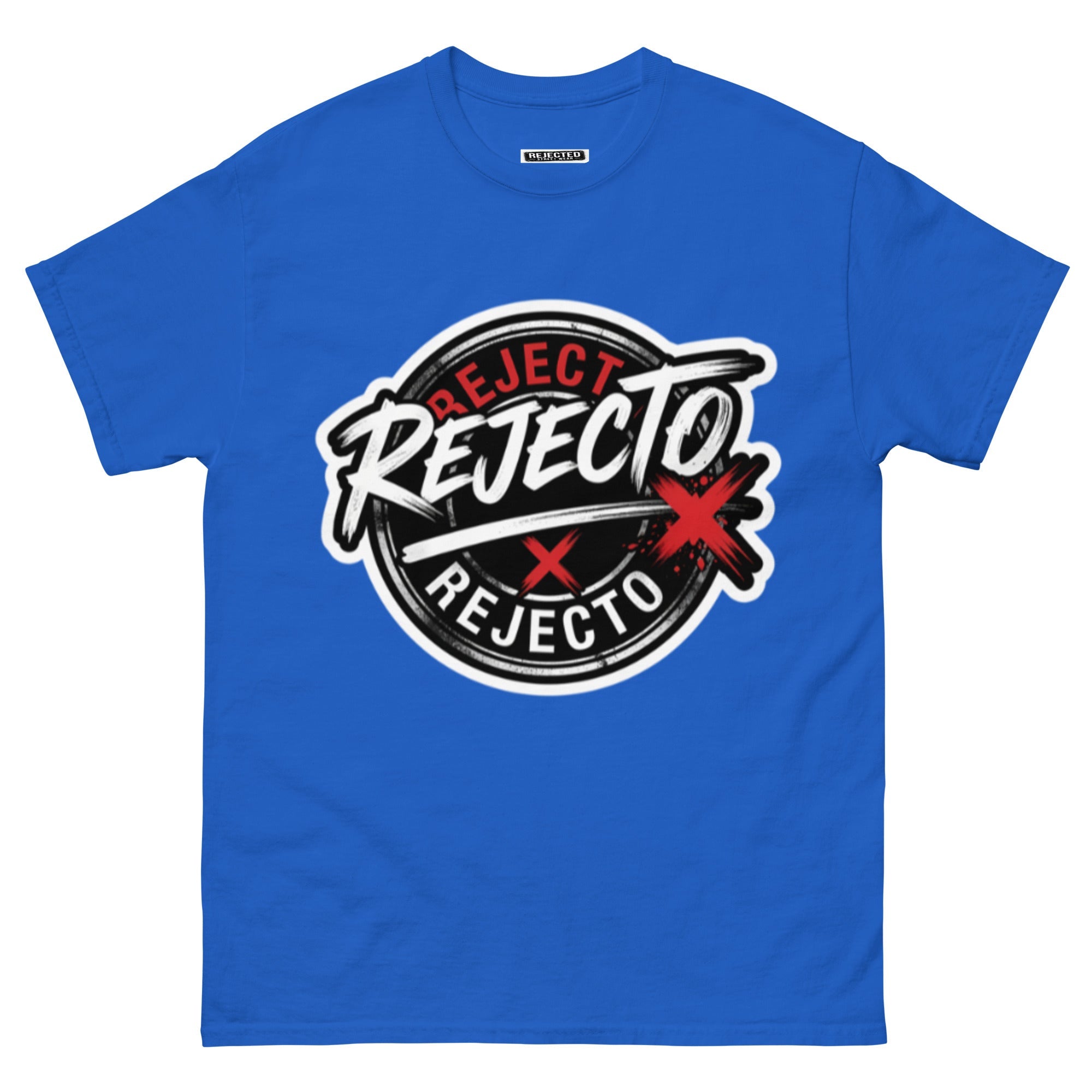 Rejected Street Wear emblem tee — black circle badge with white brush script and a red X slash