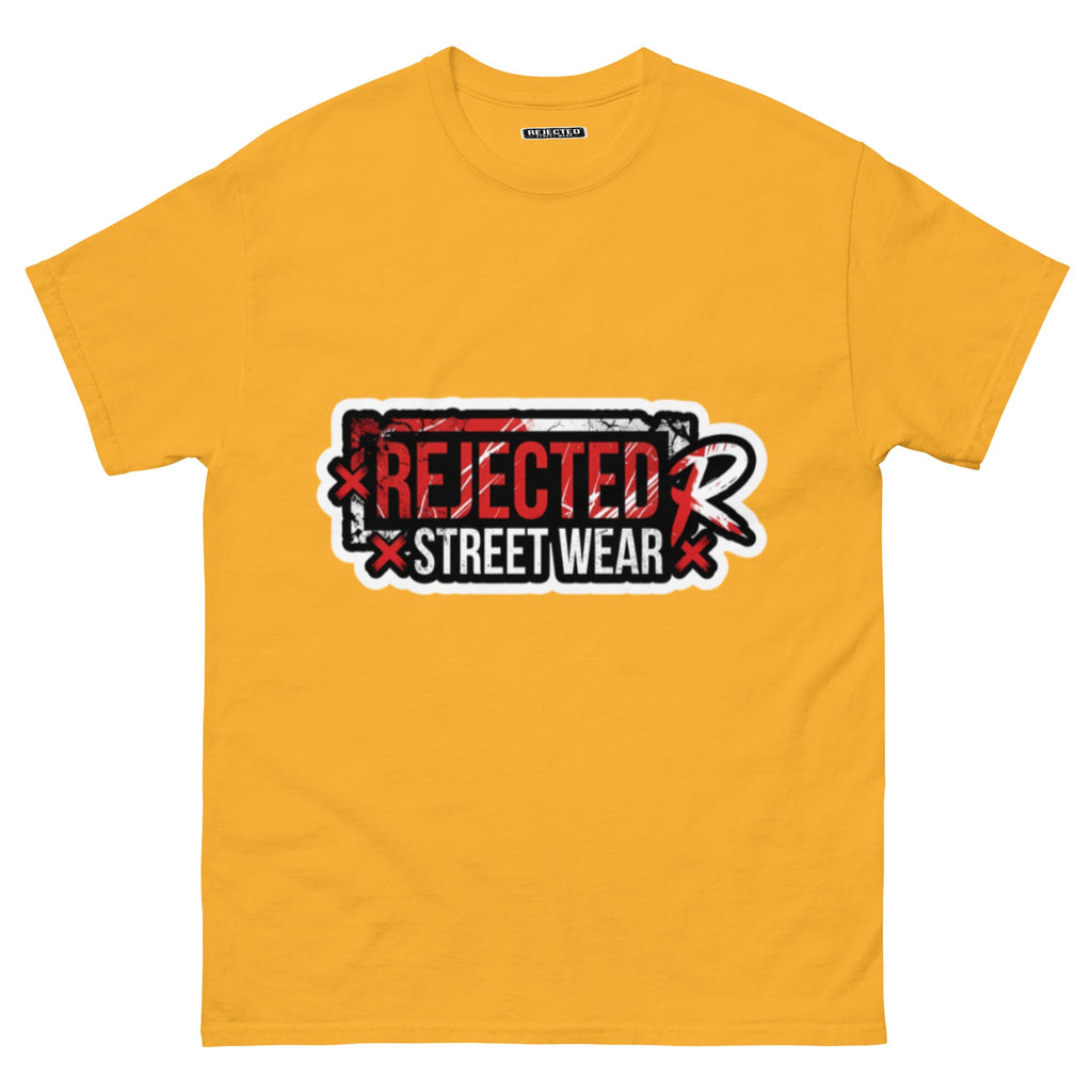 Rejected Street Wear red box logo tee — red-framed REJECTED STREET WEAR stamp with corner x marks and a red slash