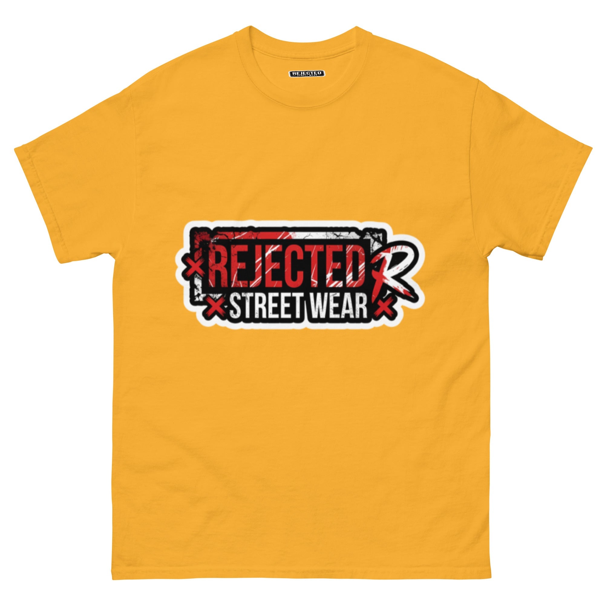 Rejected Street Wear red box logo tee — red-framed REJECTED STREET WEAR stamp with corner x marks and a red slash