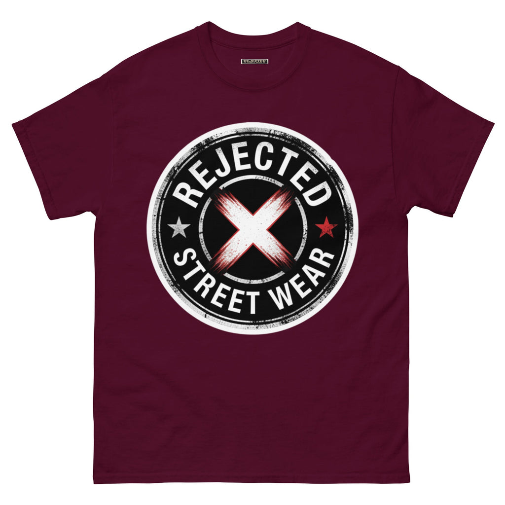 Rejected Street Wear barbed wire seal tee — distressed circular badge with REJECTED arched over a red and white brushed X
