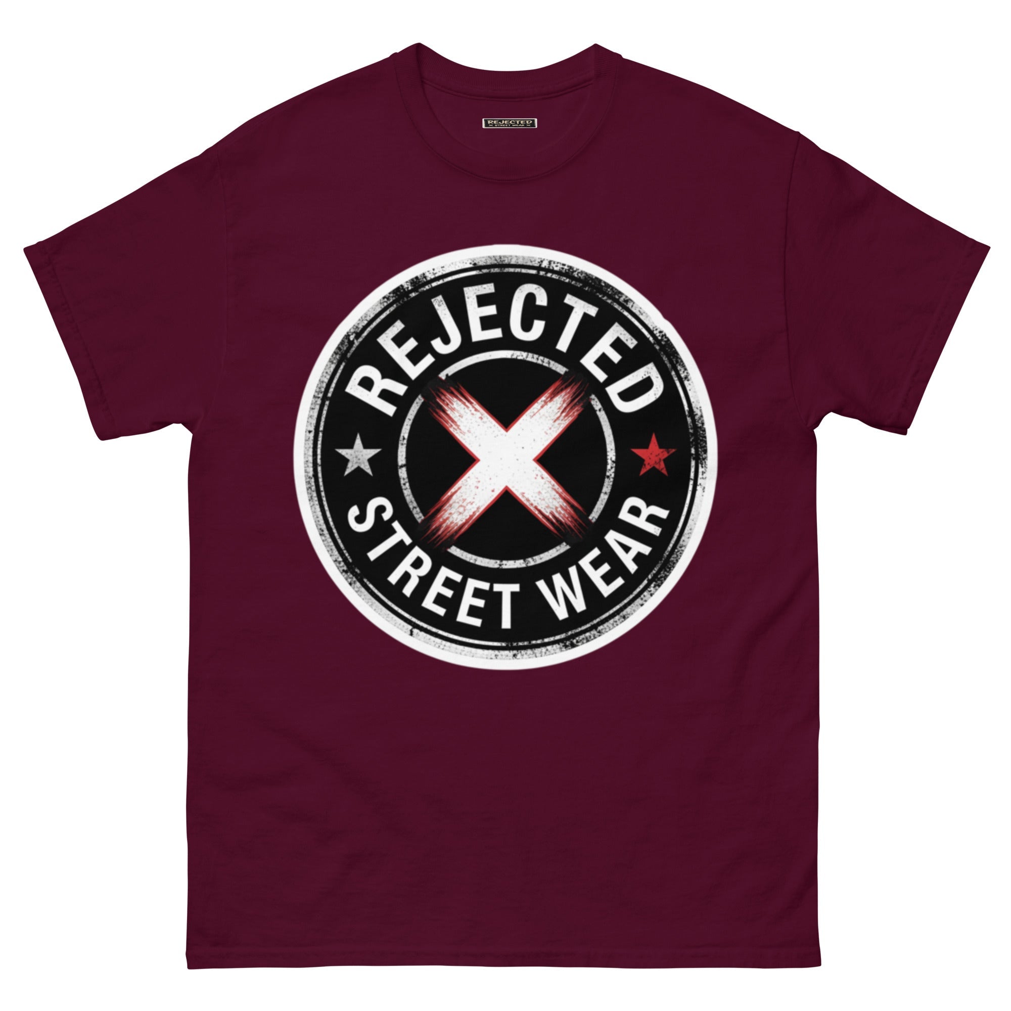 Rejected Street Wear barbed wire seal tee — distressed circular badge with REJECTED arched over a red and white brushed X