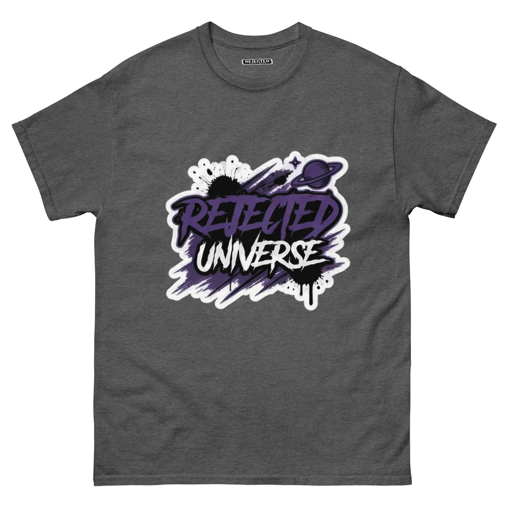 Rejected Universe logo tee in purple — leaning graffiti tag with an orbiting planet and spray splatter