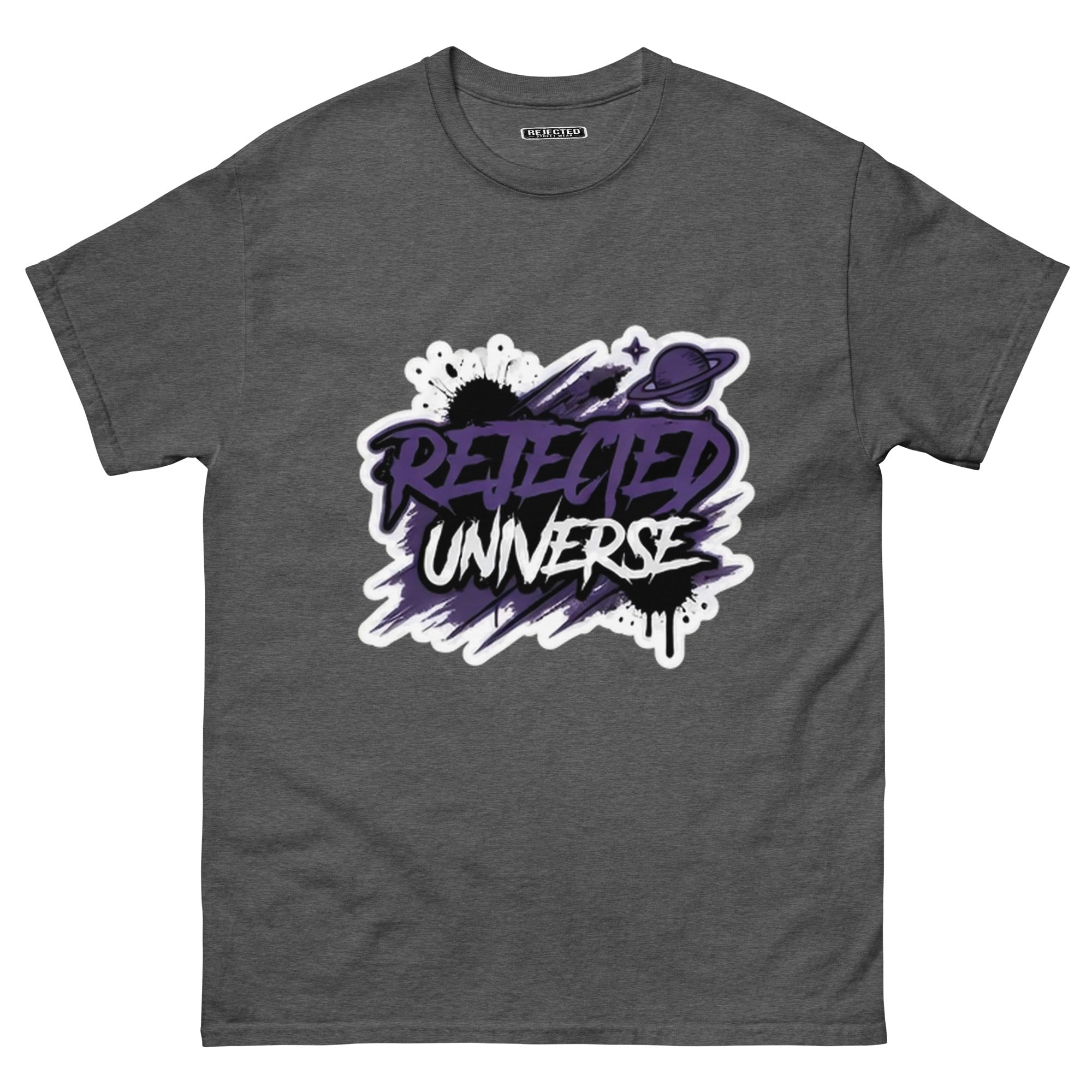Rejected Universe logo tee in purple — leaning graffiti tag with an orbiting planet and spray splatter