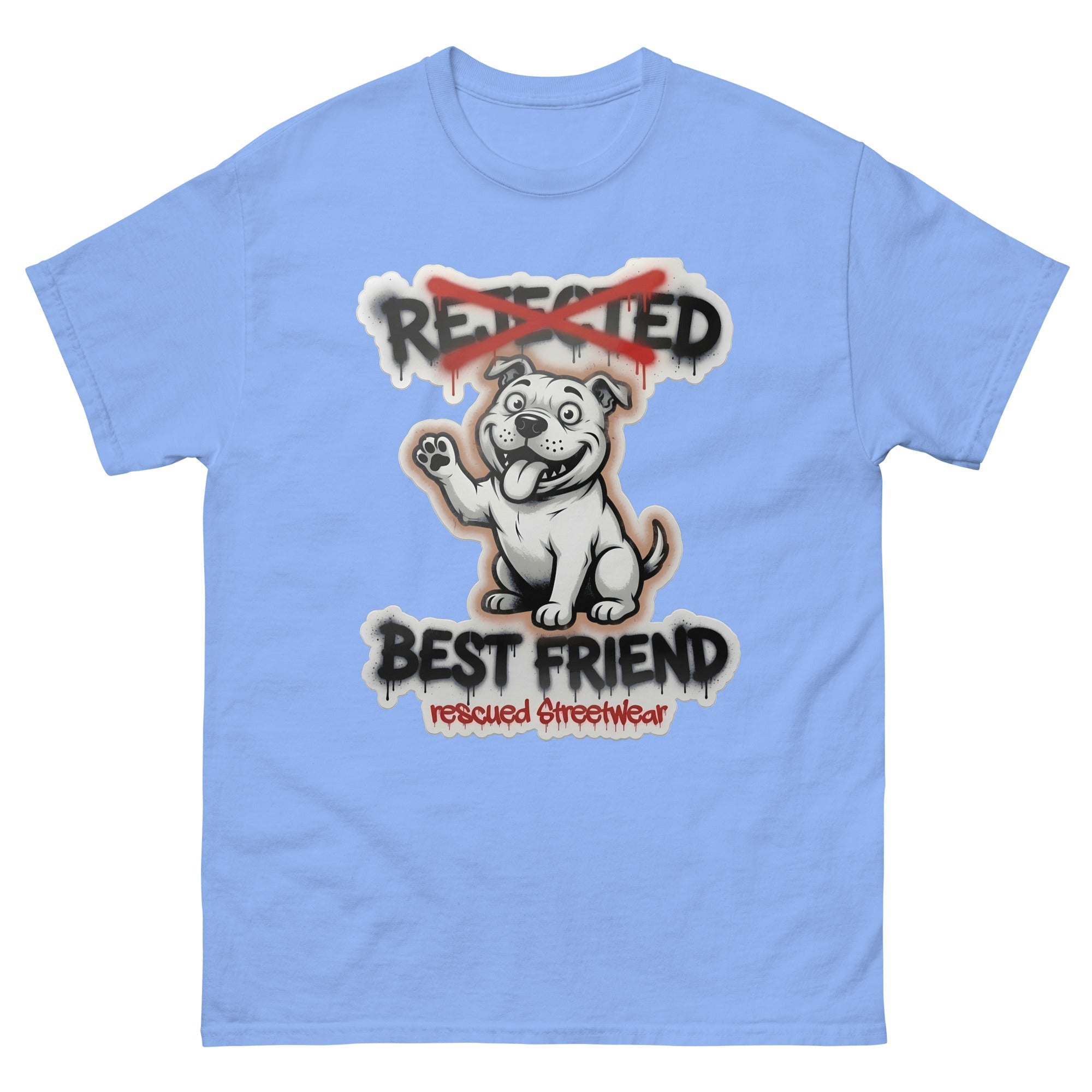 Best Friend pit bull tee — white bully pup waving a paw with REJECTED crossed out in red and BEST FRIEND sprayed below