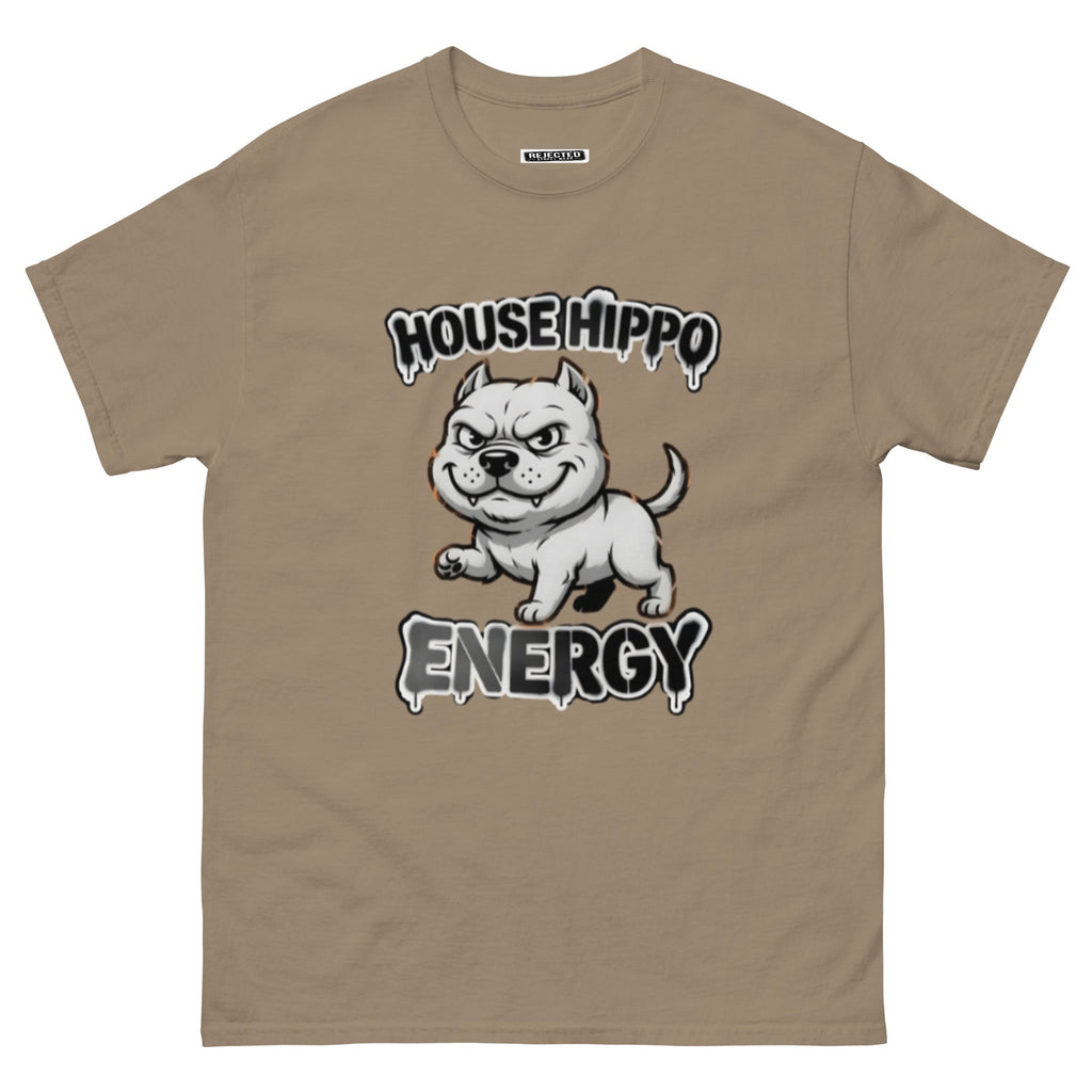 House Hippo Energy tee — stocky bully dog mid-stomp under drippy graffiti lettering