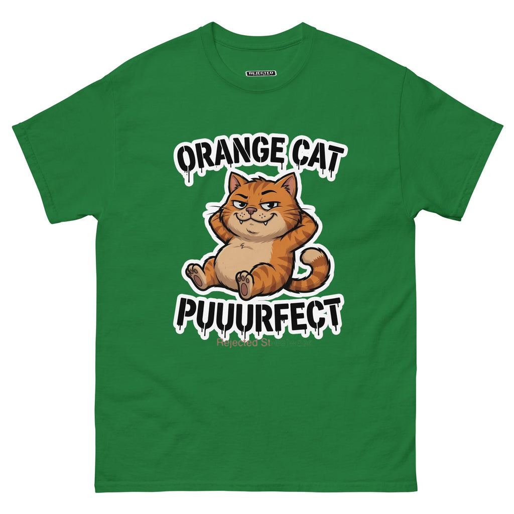 Orange Cat Puuurfect tee — chunky reclined orange tabby under arched drippy graffiti lettering