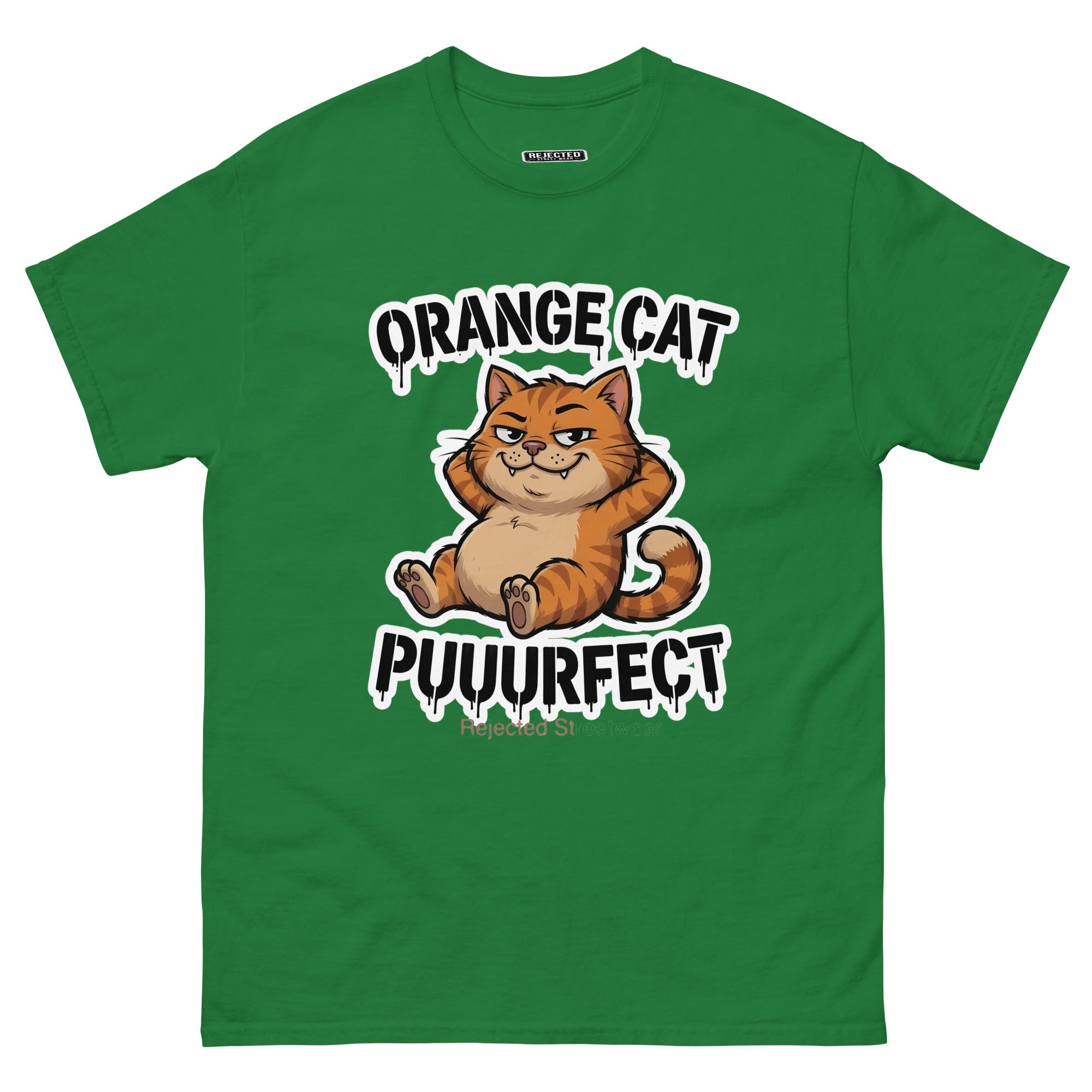 Orange Cat Puuurfect tee — chunky reclined orange tabby under arched drippy graffiti lettering
