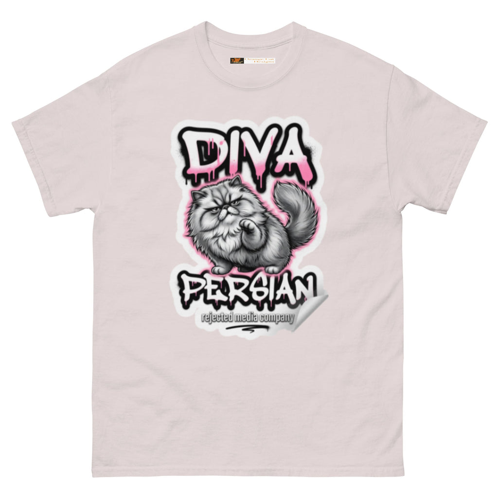 Diva Persian cat tee — fluffed-out Persian cat with an unimpressed face under pink graffiti drip lettering
