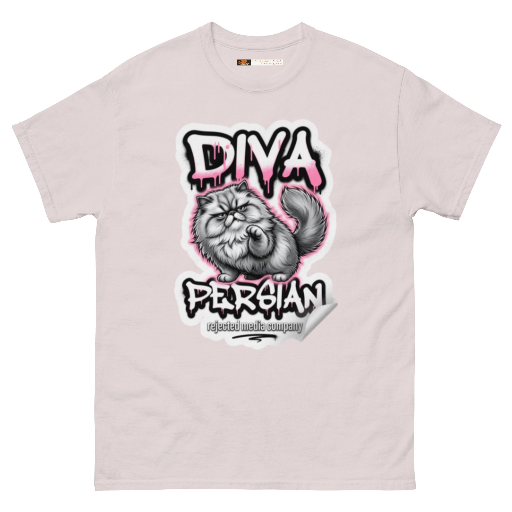 Diva Persian cat tee — fluffed-out Persian cat with an unimpressed face under pink graffiti drip lettering