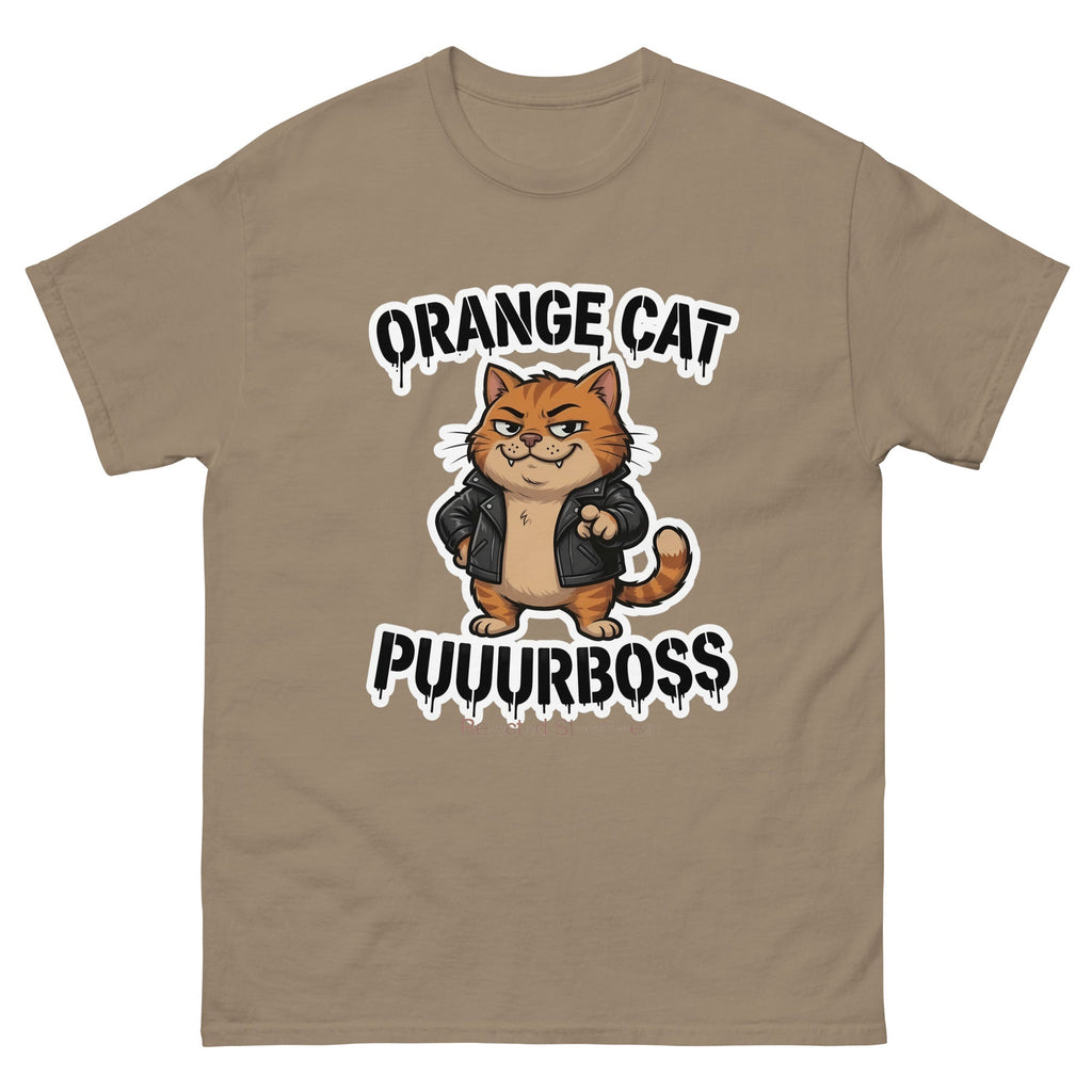 Purrboss orange cat tee — orange tabby in a leather jacket, arms crossed, under arched graffiti lettering