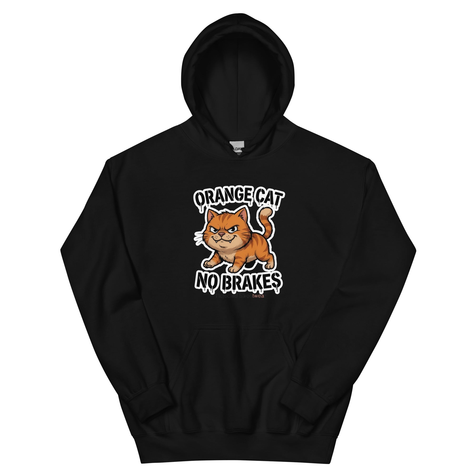 Orange Cat No Brakes hoodie — scowling orange tabby at full sprint under drippy graffiti lettering