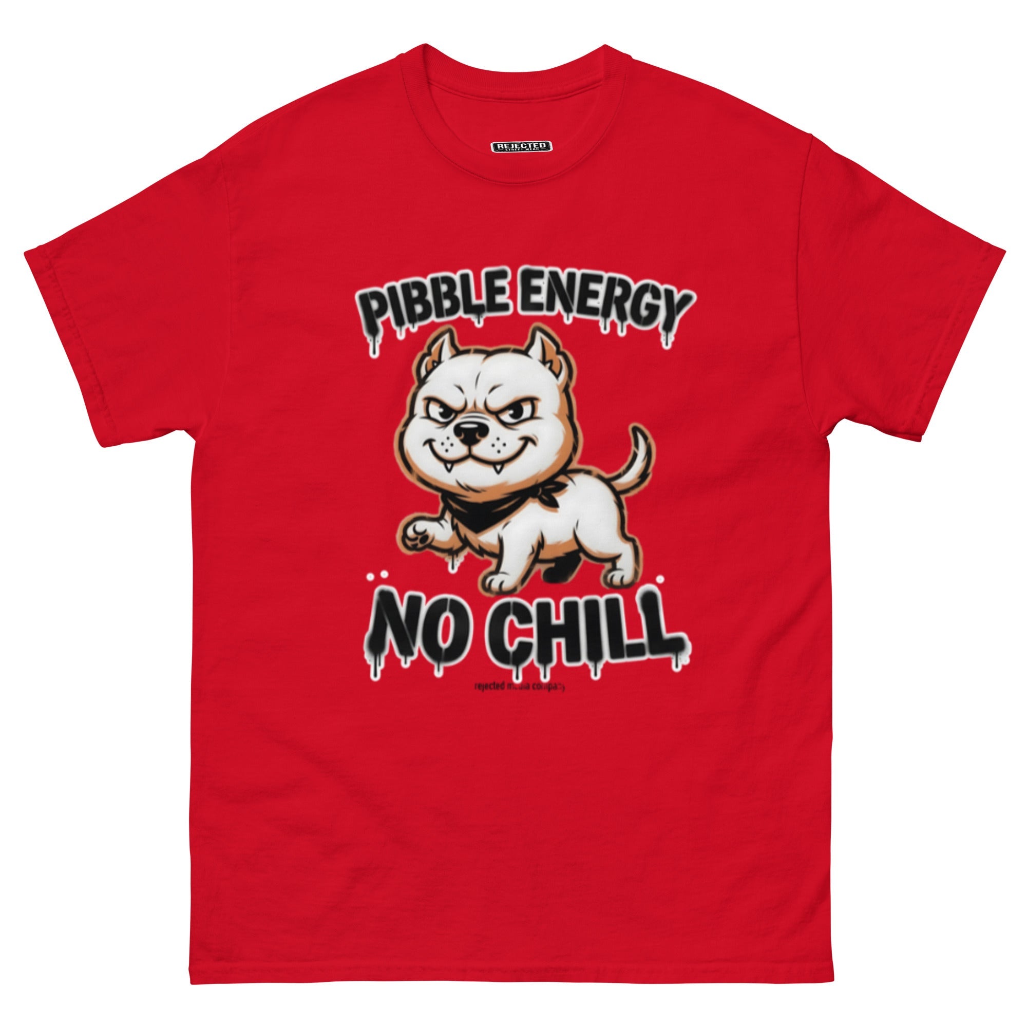Pibble Energy No Chill tee — grinning bully pup at a dead sprint under graffiti lettering