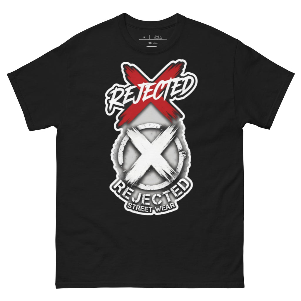 Reject Labels Be Human tee — REJECTED crossed out in red above the X emblem with the word Human underneath