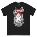 Reject Labels Be Human tee — REJECTED crossed out in red above the X emblem with the word Human underneath