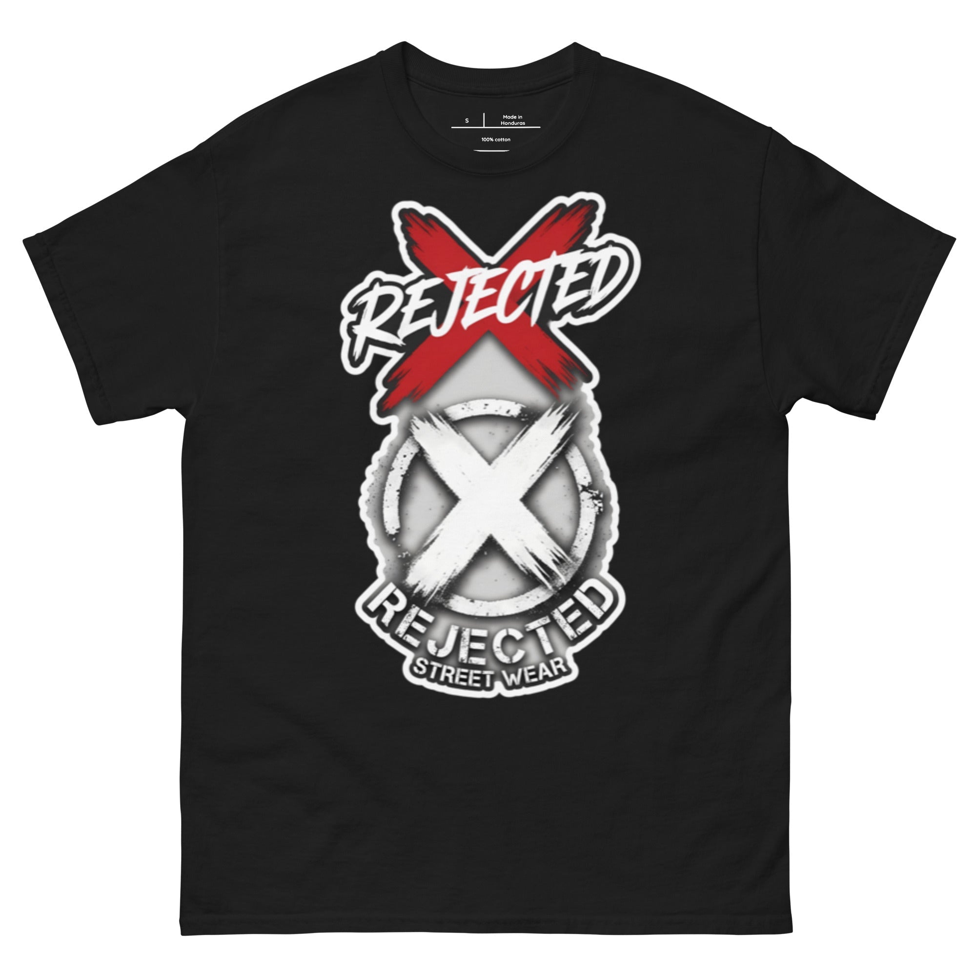 Reject Labels Be Human tee — REJECTED crossed out in red above the X emblem with the word Human underneath