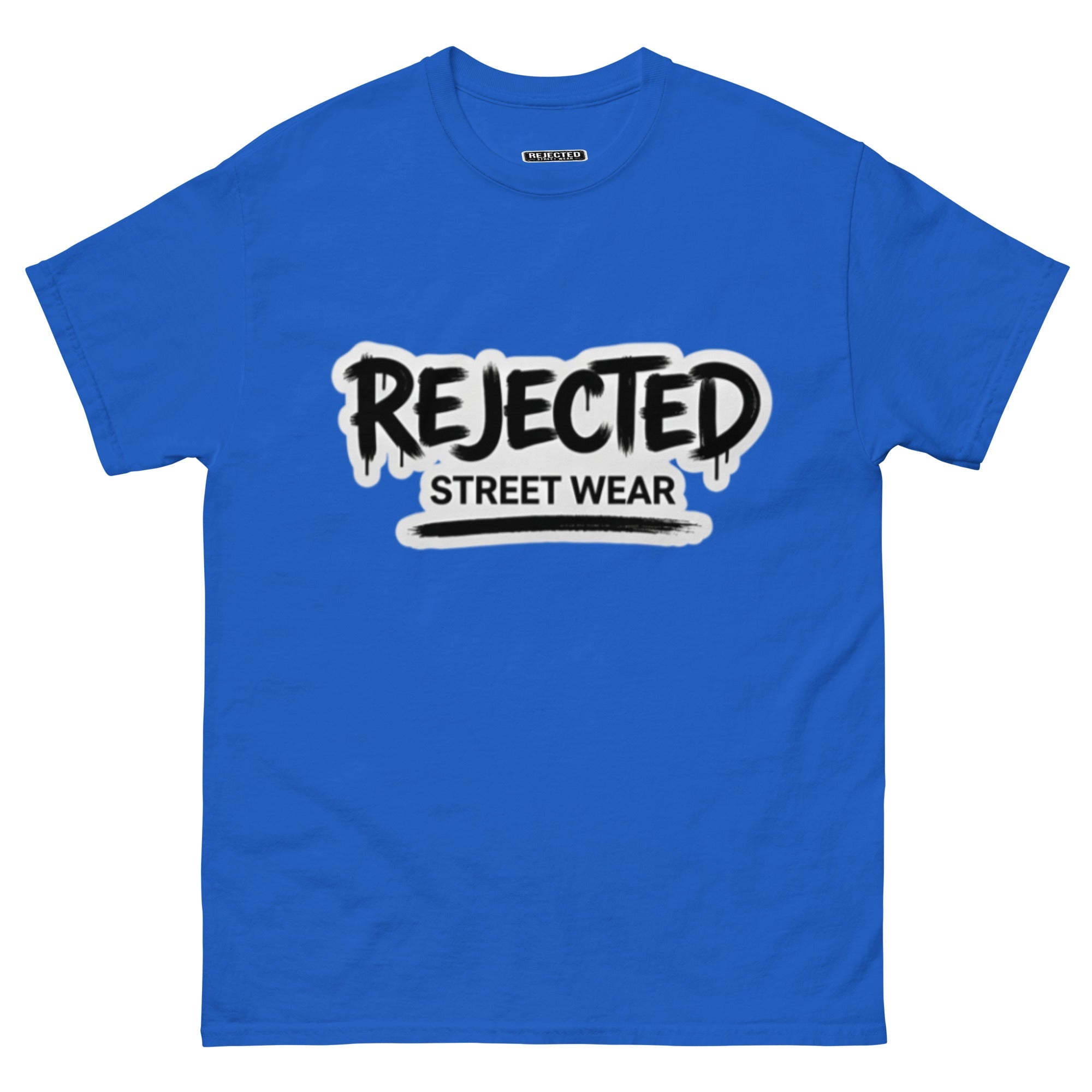 Rejected Street Wear graffiti logo tee — REJECTED in dripping spray-paint script over underlined STREET WEAR