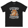 Orange Cat Puuurfect tee — chunky reclined orange tabby under arched drippy graffiti lettering