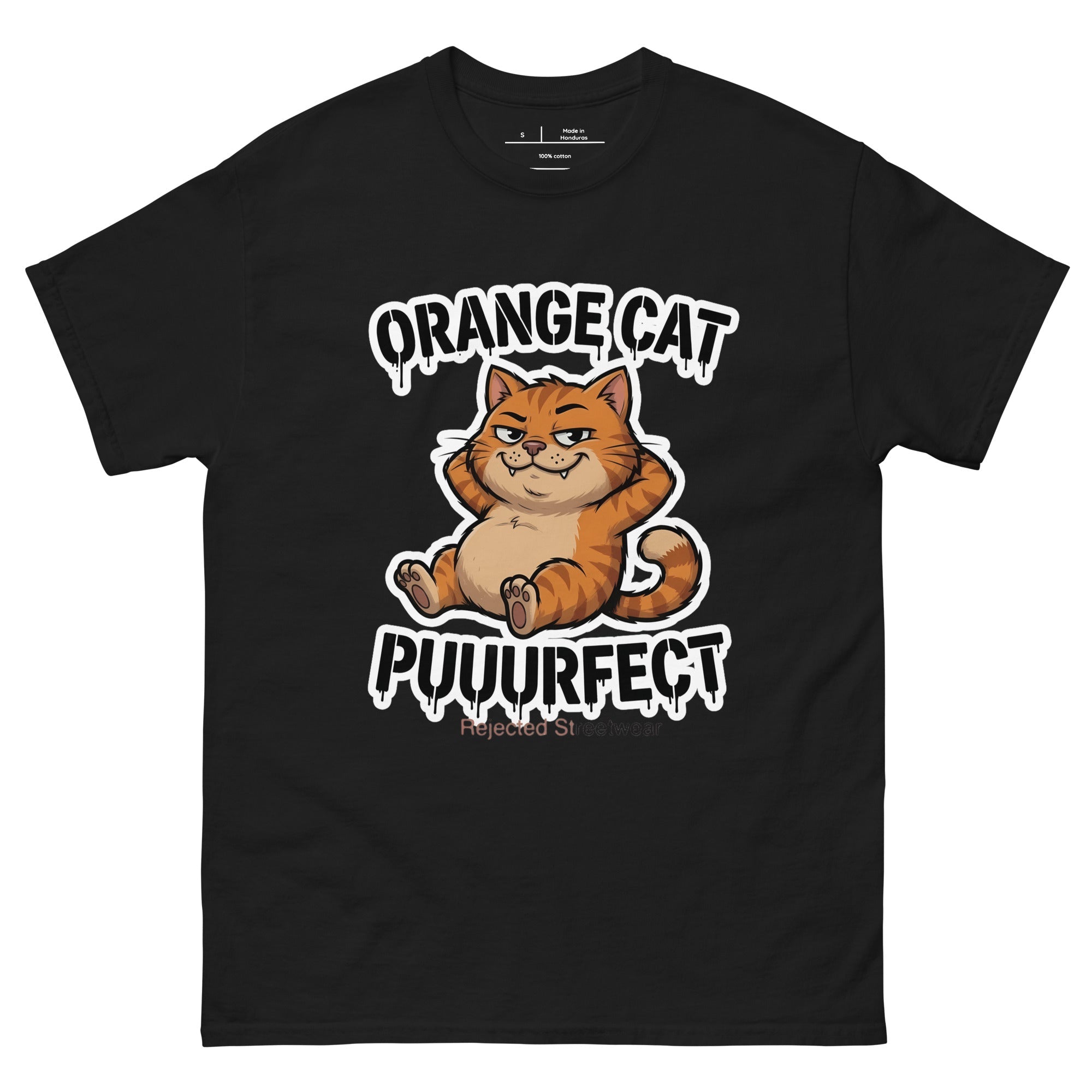 Orange Cat Puuurfect tee — chunky reclined orange tabby under arched drippy graffiti lettering