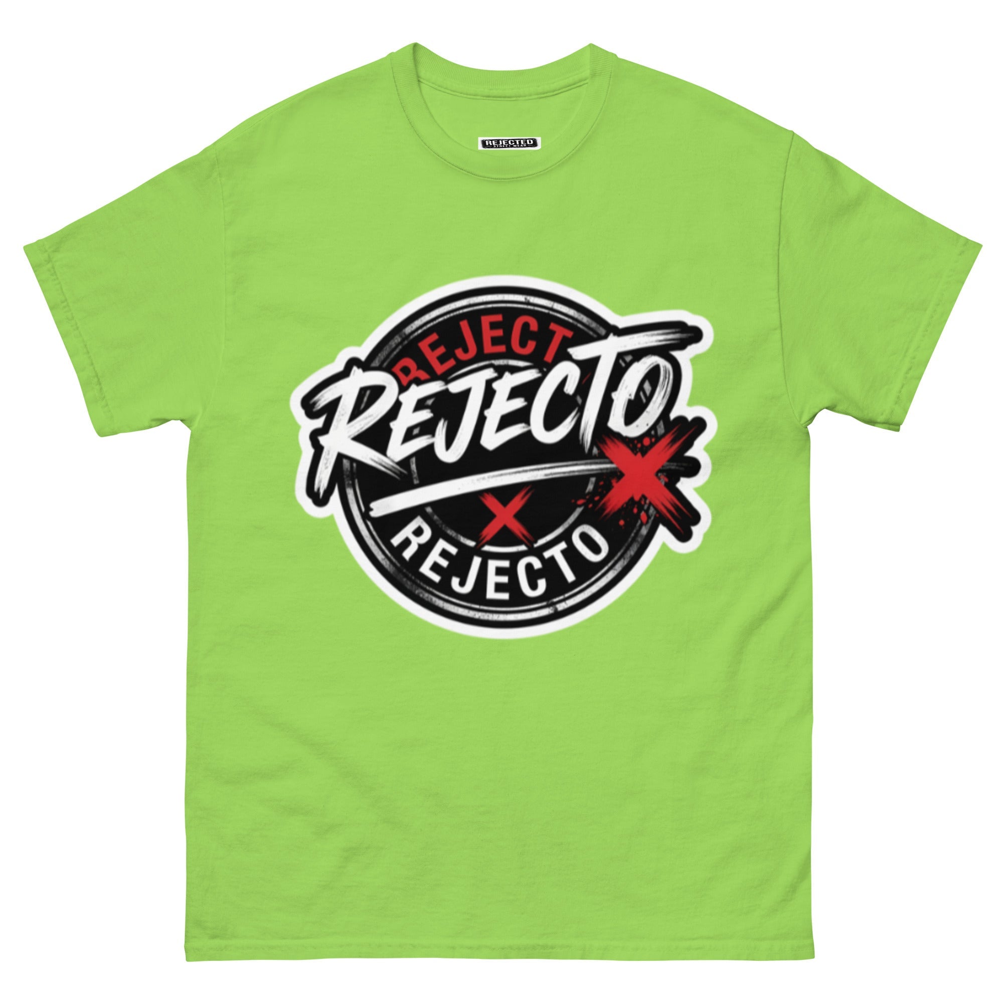 Rejected Street Wear emblem tee — black circle badge with white brush script and a red X slash