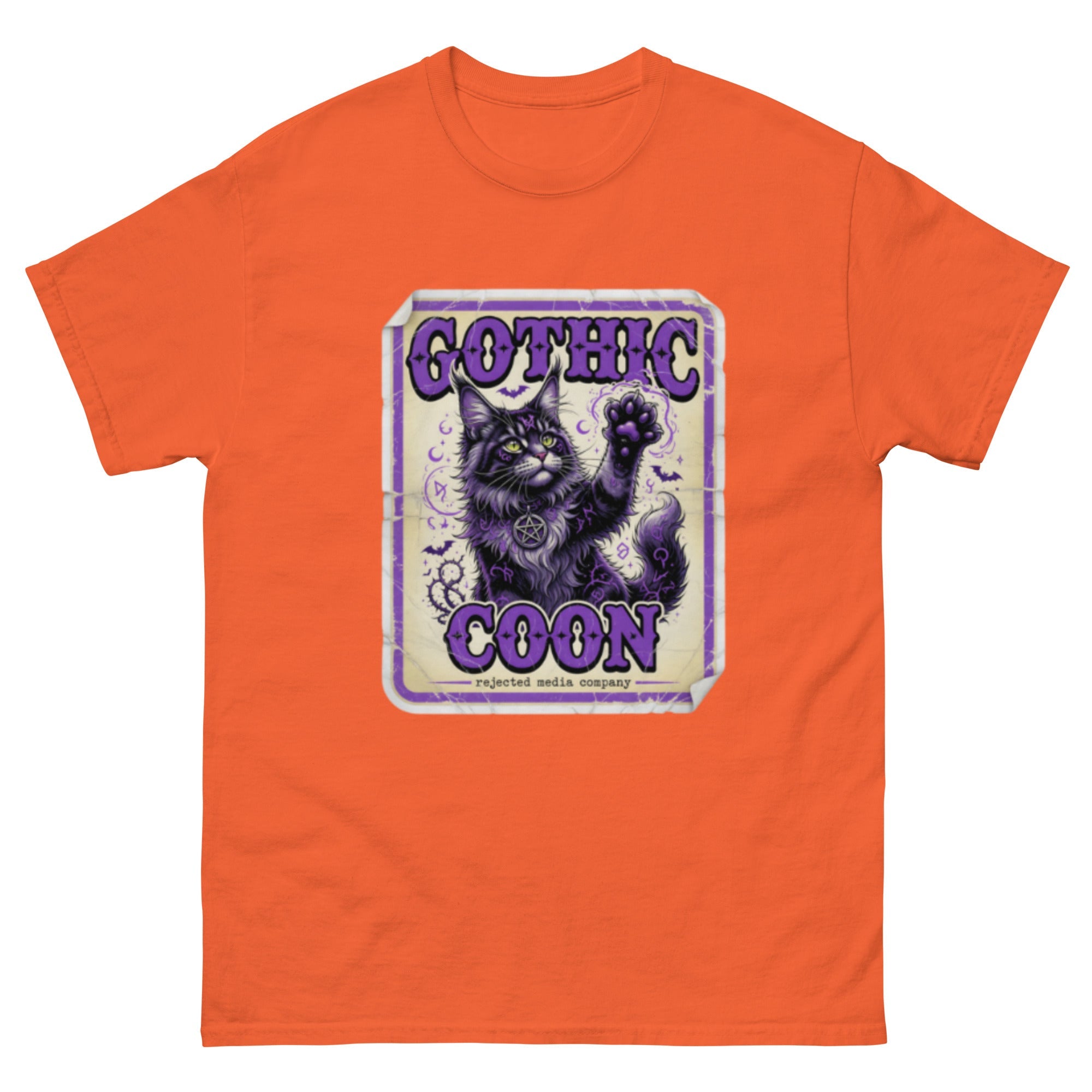 Gothic Coon tee — purple and black Maine Coon cat with a pentacle collar and one paw raised, vintage poster frame