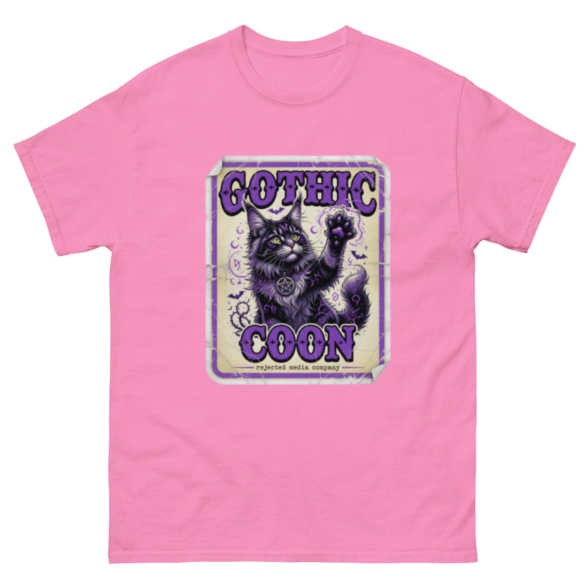 Gothic Coon tee — purple and black Maine Coon cat with a pentacle collar and one paw raised, vintage poster frame