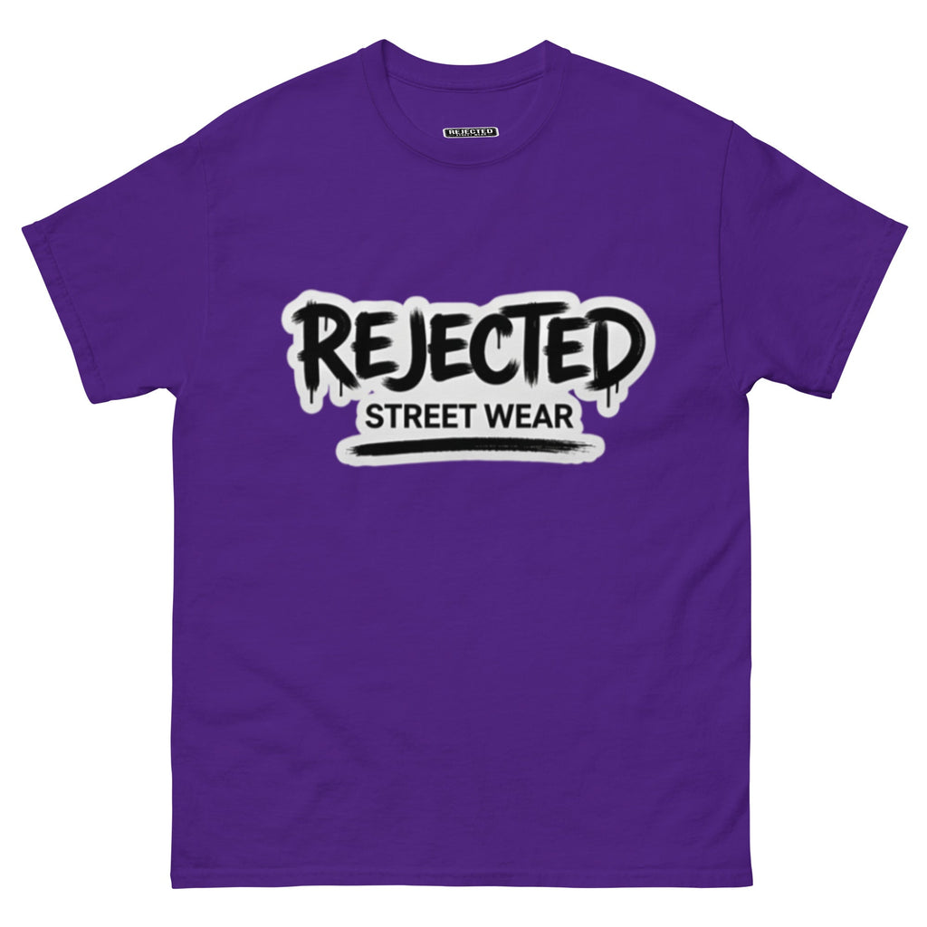 Rejected Street Wear graffiti logo tee — REJECTED in dripping spray-paint script over underlined STREET WEAR