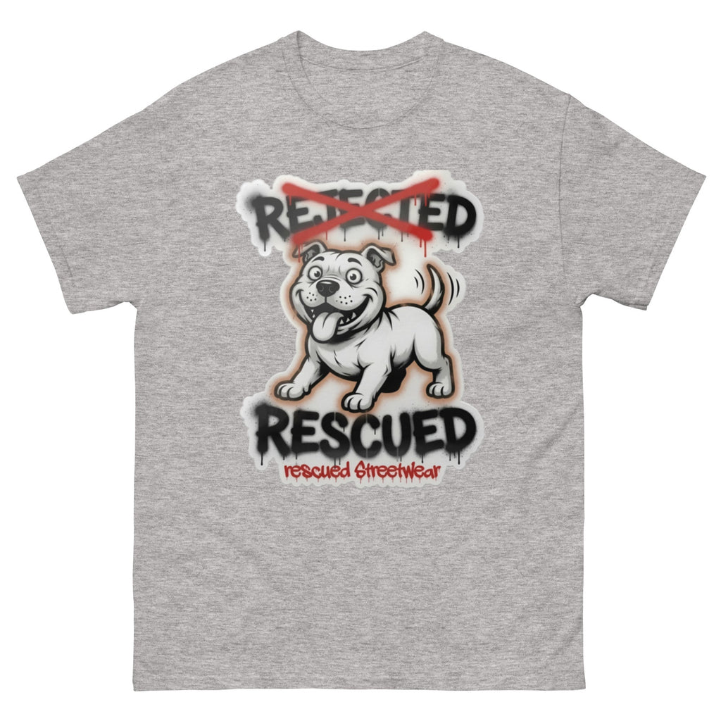 Rescued pit bull tee — white pit bull with REJECTED crossed out in red and RESCUED sprayed underneath