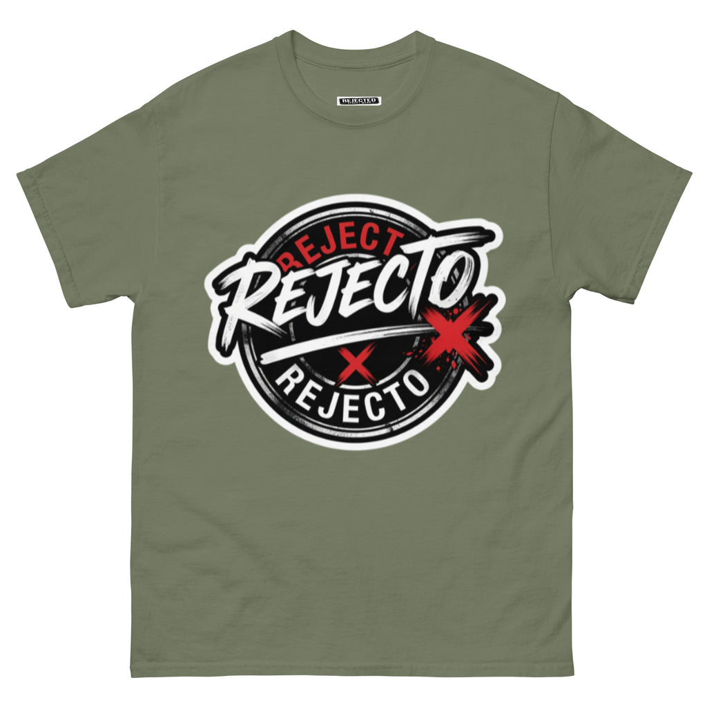 Rejected Street Wear emblem tee — black circle badge with white brush script and a red X slash